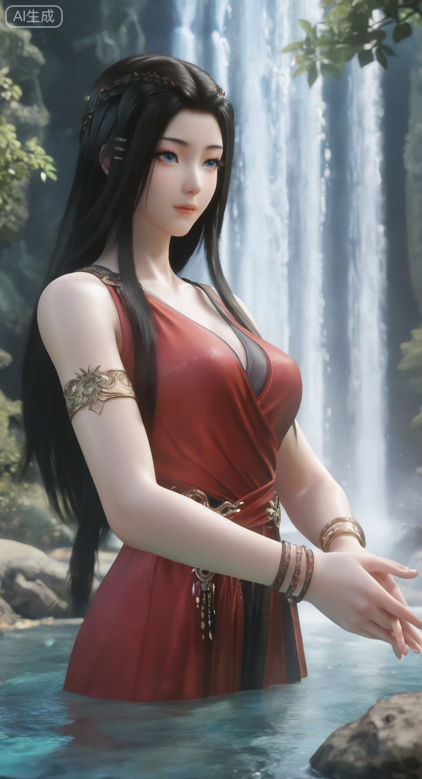 1girl, solo, long hair, blue eyes, black hair, hair ornament, dress, jewelry, upper body, water, bracelet, red dress, armlet, waterfall,
3d \(artwork\),

Masterpiece, best quality, amazing quality, newest, very aesthetic, absurdres, (scenery:1.4), 8k, good anatomy, good shading, ultra detailed, refined details, high resolution, HD, masterwork,high detail ,Exquisite beauty, charming, 3D rendering,illustration,CG,long hair,Round face:1.4,realistic