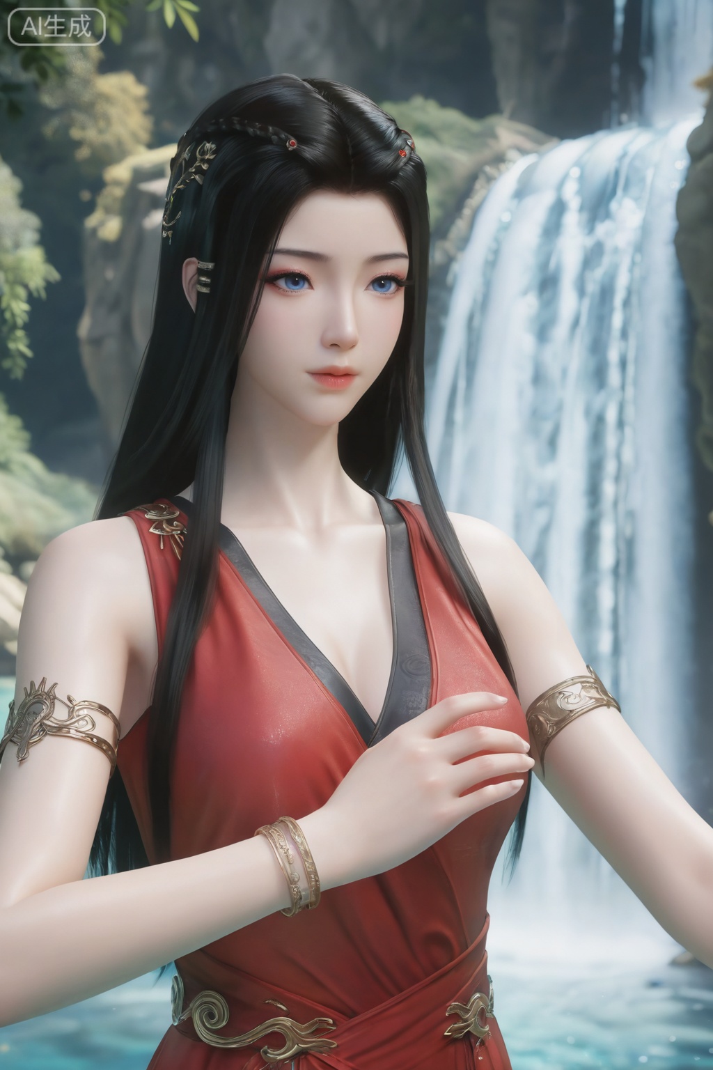 Yuan Yao,1girl, solo, long hair, blue eyes, black hair, hair ornament, dress, jewelry, upper body, water, bracelet, red dress, armlet, waterfall,realistic ,
3d \(artwork\),

Masterpiece, best quality, amazing quality, newest, very aesthetic, absurdres, (scenery:1.4), 8k, good anatomy, good shading, ultra detailed, refined details, high resolution, HD, masterwork,high detail ,Exquisite beauty, charming, 3D rendering,illustration,CG,long hair,Round face:1.4,realistic,Yuan Yao