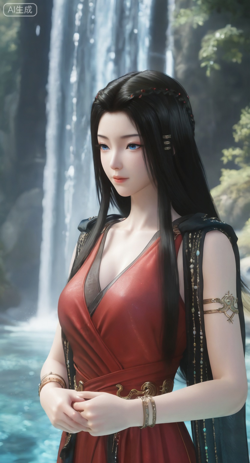 1girl, solo, long hair, blue eyes, black hair, hair ornament, dress, jewelry, upper body, water, bracelet, red dress, armlet, waterfall,
3d \(artwork\),

Masterpiece, best quality, amazing quality, newest, very aesthetic, absurdres, (scenery:1.4), 8k, good anatomy, good shading, ultra detailed, refined details, high resolution, HD, masterwork,high detail ,Exquisite beauty, charming, 3D rendering,illustration,CG,long hair,Round face:1.4,realistic