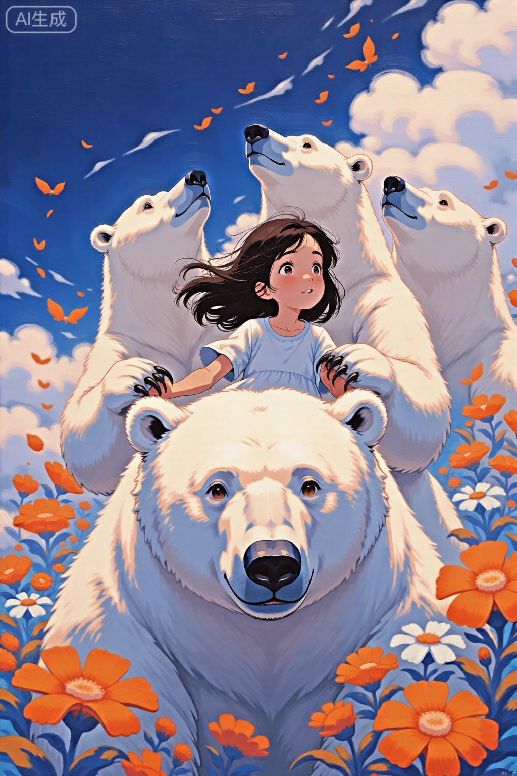 , A little girl is flying on the back of an ice bear, surrounded by flowers and clouds in the blue sky at night. The polar bears surround her with their heads raised high, creating an oil painting illustration in the style of. It features orange accents against white backgrounds, showcasing charming characters. They wear light and create dreamy scenes.