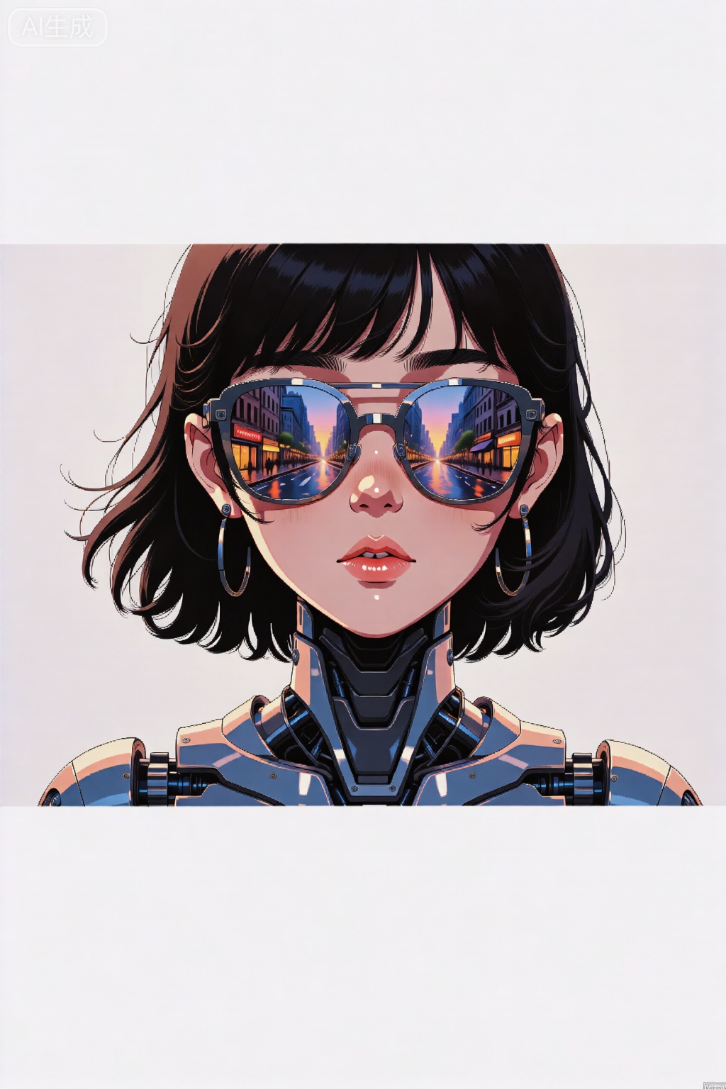 一个动画风格的女孩,以YongShi为主角的人形机器人,全身被描绘出来。她戴着镜面太阳镜,镜片上有微妙的光斑,反映出黄昏时充满活力的城市街道。两边的建筑都有错综复杂的建筑细节。潮湿的道路反射出城市的灯光,微微泛起涟漪。构图是对称的。睫毛浓密的下眼睑与镜片的顶部边缘相接。鼻梁和鼻孔侧突出。嘴唇有光泽,微微张开,反映了城市景观的颜色。这件艺术品以超现实的人物特征、电影般的灯光、精湛的纹理和复杂的细节捕捉到了城市生活。