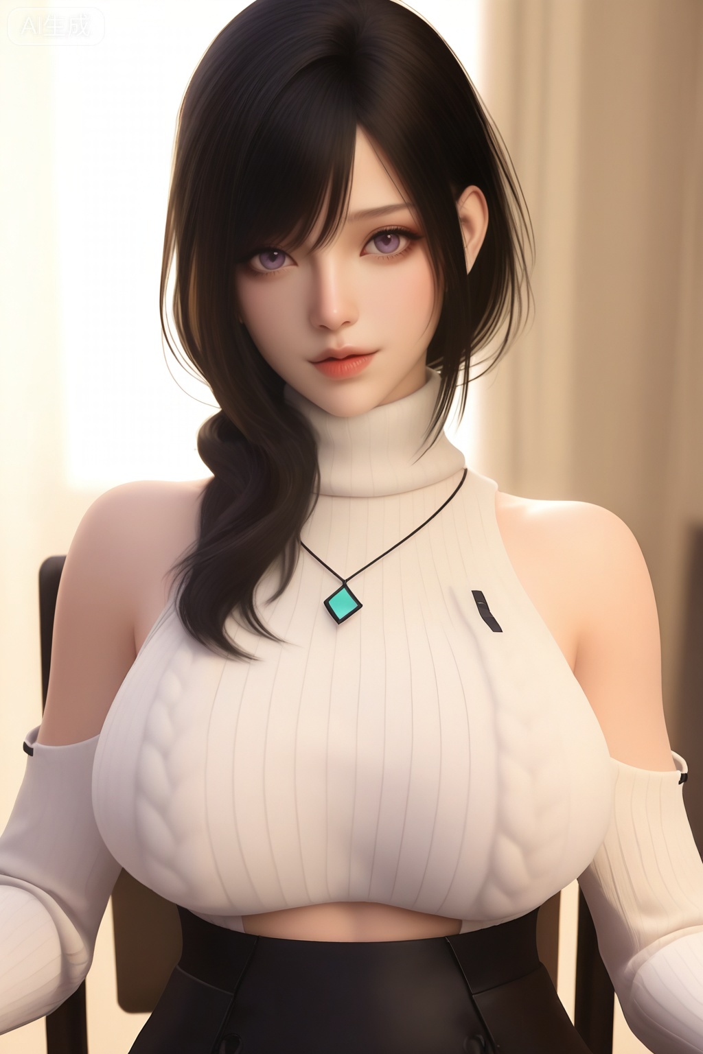 masterpiece,highres,3D realistic character, ultra-detailed, Physically-Based Rendering, Subsurface Scattering skin, chair,sitting,looking at viewer,leg_spread ,face focus,perfect face,upper_body,
,1girl,solo,breasts,looking at viewer,brown eyes,skirt,large breasts,skindentation,hair over shoulder,black hair,
,bare shoulders,necklace,
sweater,turtleneck,turtleneck sweater,white sweater,,jewelry
,
,masterpiece, best quality, amazing quality, very aesthetic, , newest, ,high detailed skin,(detailed skin:1.1), intricate details, ,detailed background,,ray tracing,highly detailed,volumetric lighting,rim light, Depth of Field, perfect body,perfect hand,Beautiful face and eyes with details,perfect hands,,, Best aesthetics, High resolution, Good shading, Contrast shading,,perfect hand, , exquisite nails,  
