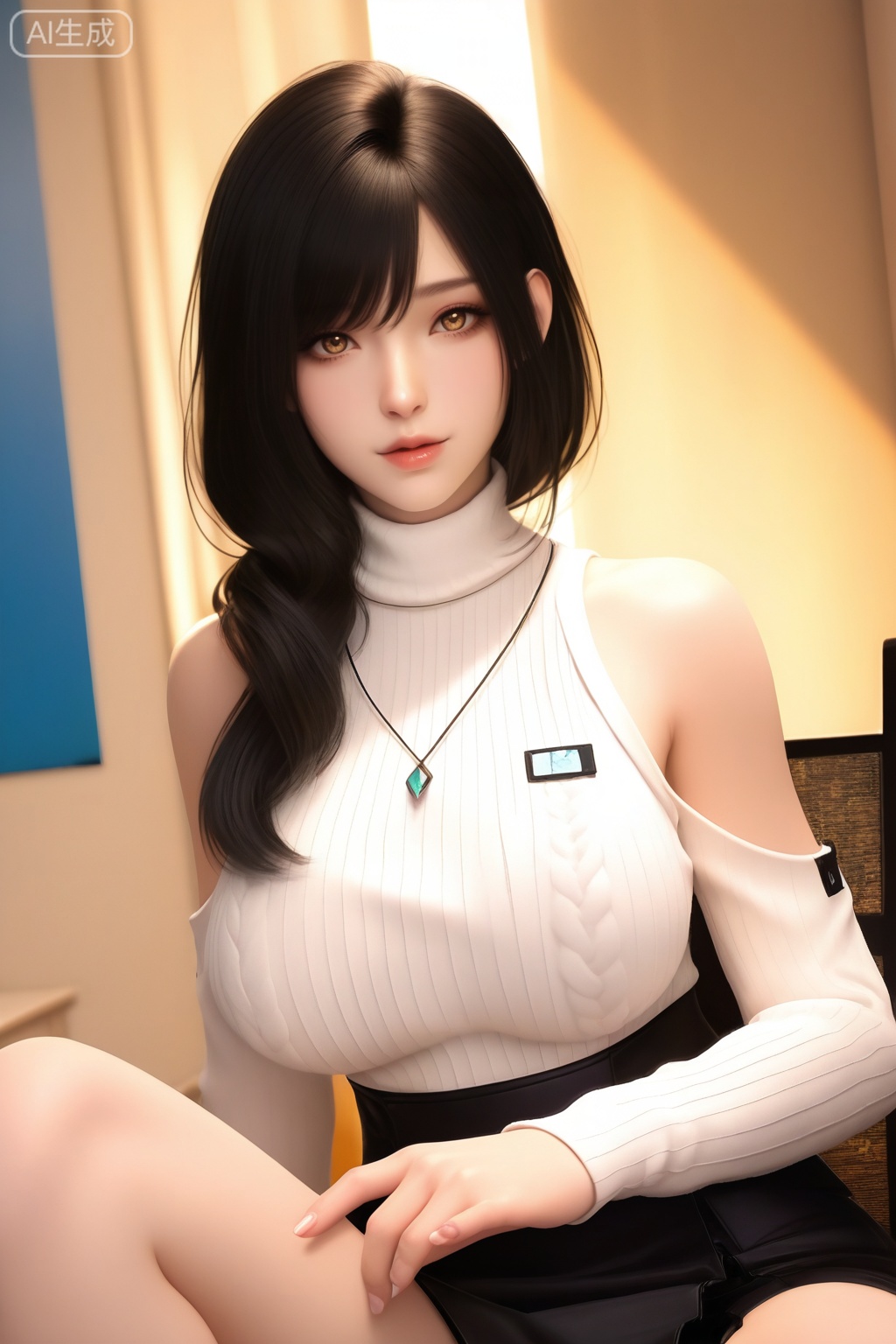 masterpiece,highres,3D realistic character, ultra-detailed, Physically-Based Rendering, Subsurface Scattering skin, chair,sitting,looking at viewer,leg_spread ,face focus,perfect face,upper_body,
,1girl,solo,breasts,looking at viewer,brown eyes,skirt,large breasts,skindentation,hair over shoulder,black hair,
,bare shoulders,necklace,
sweater,turtleneck,turtleneck sweater,white sweater,,jewelry
,
,masterpiece, best quality, amazing quality, very aesthetic, , newest, ,high detailed skin,(detailed skin:1.1), intricate details, ,detailed background,,ray tracing,highly detailed,volumetric lighting,rim light, Depth of Field, perfect body,perfect hand,Beautiful face and eyes with details,perfect hands,,, Best aesthetics, High resolution, Good shading, Contrast shading,,perfect hand, , exquisite nails,  
