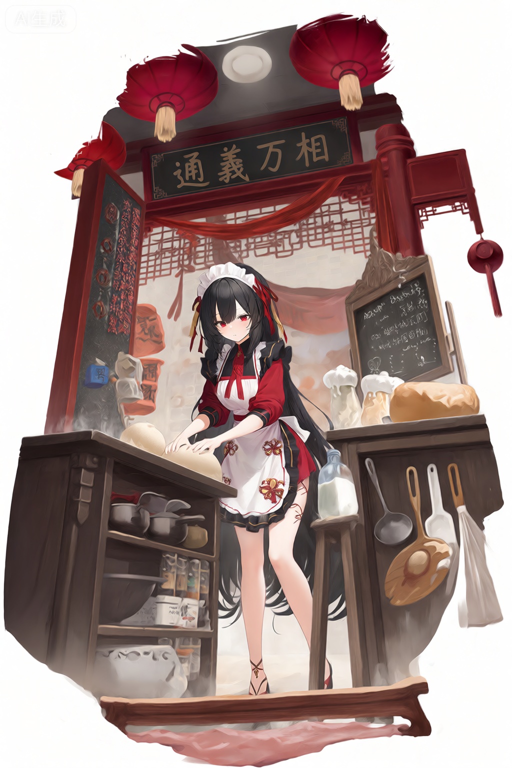 一幅数字插图,从正面拍摄,描绘了一位少女角色在传统的中国厨房环境中,穿着红白相间的女仆服,站在画面的中央。画面中的年轻女性有着长长的黑发和红色的眼睛,看起来是一位年轻学生,身材苗条,站在厨房的一个柜台后。她穿着带有红色装饰的白色围裙,以及一条带有红色丝带的白色头带。她的表情中性,目光直视观众。厨房里装饰着从天花板上悬挂的红色灯笼,一个木制的架子上摆放着各种厨房用具,一个写有“通义万相”的黑板,还有各种厨房物品,如厨师帽和铲子。在她面前的柜台上,她用手揉面团,桌子上还有一瓶牛奶和一条面包。,Azur lane,matcha style,babg,crisp,criin,potg