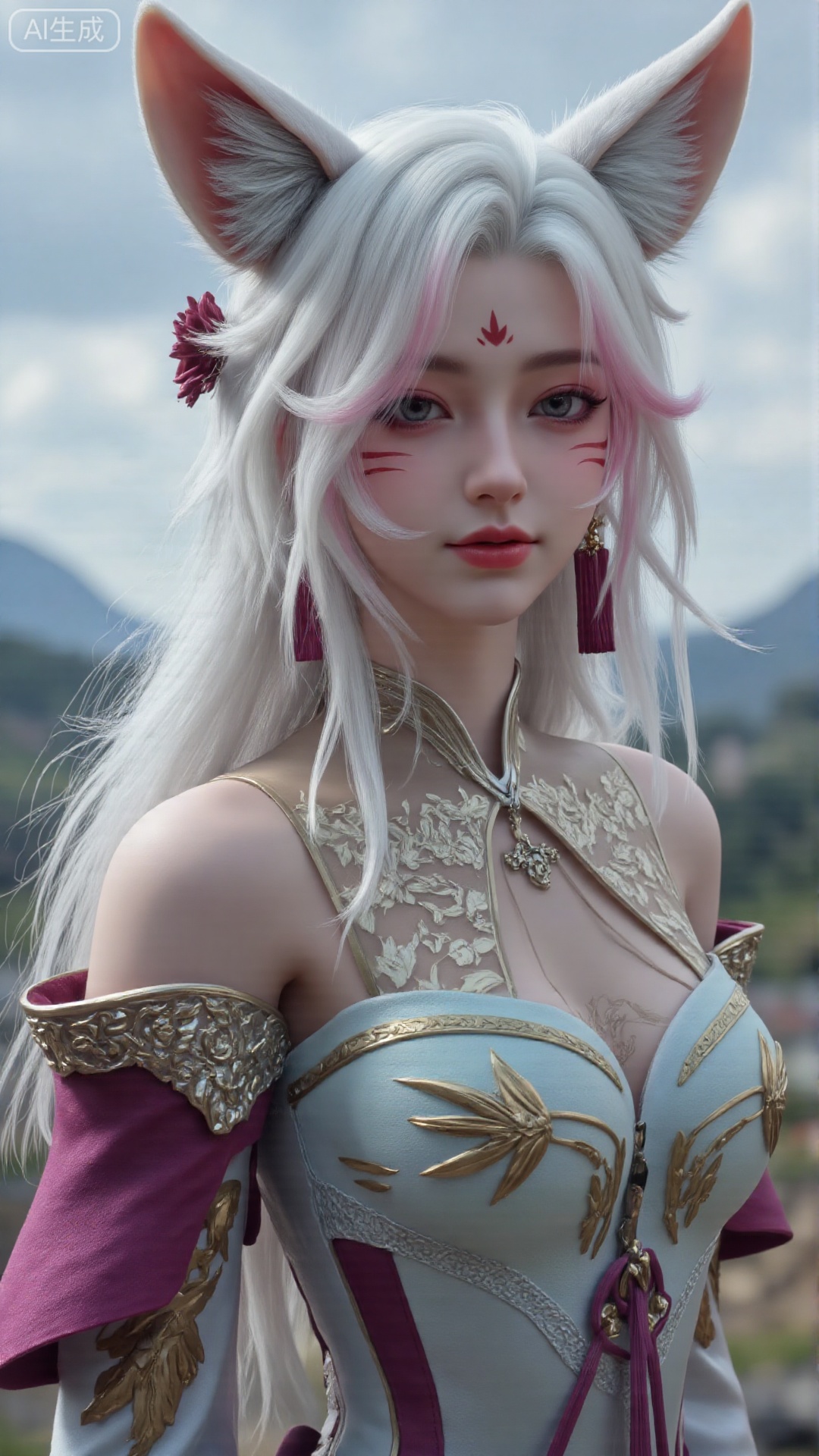 1girl, white hair, solo, animal_ears, long hair, perfect body, scenery, sharp focus, best quality, masterpiece, detailed outfit, illustration, perfect eyes, finely detailed beautiful anime eyes, realistic skin, intricate details, best lighting, depth of field, ultra high resolution,cowboy_shot