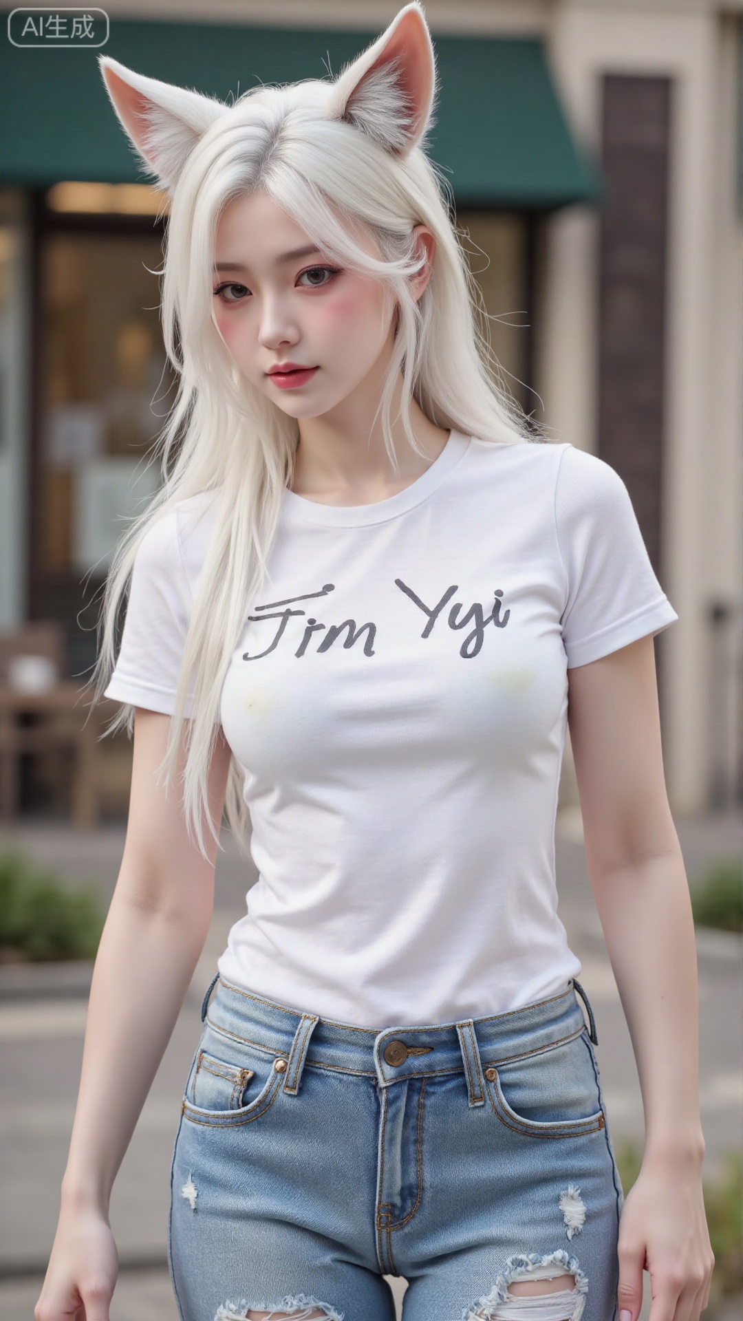 White t-shirt with ”Tim_Yi“ written on it, jeans shorts,1girl