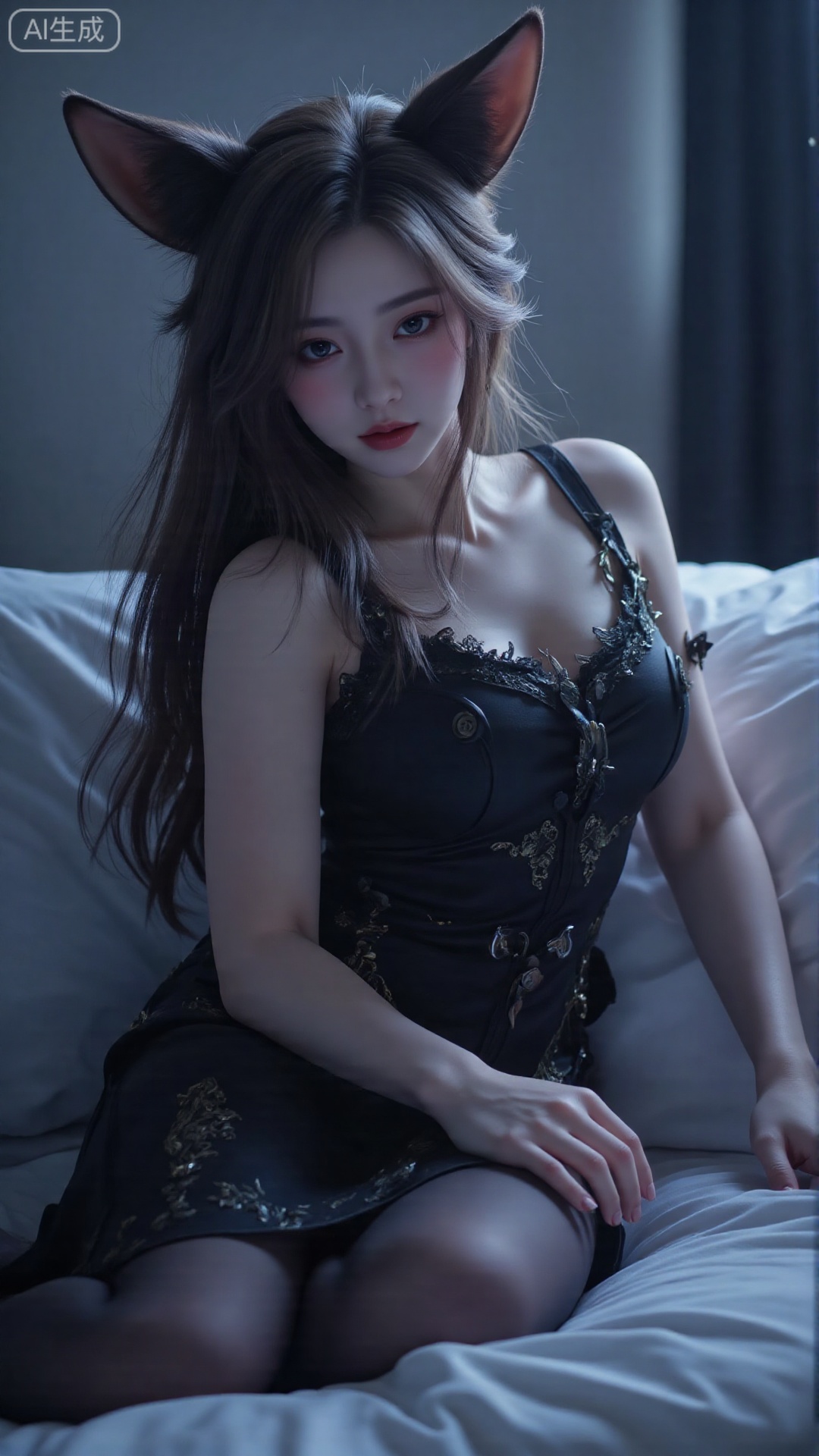 1girl, solo,Long hair, black hair, blue eyes, black nightgown, black lace stockings, bare shoulders, leaning against the pillow, with a sad expression, in bed, at night, white moonlight shining on the body, .(all body) (Show whole body),(all body),(artist:quasarcake:0.8),extreme aesthetic,(wlop:0.6),masterpiece,best quality,good quality,newest,very aesthetic,absurdres,Visual impact,A shot with tension, ultra-high resolution,32K UHD,sharp focus,best-quality,masterpiece,Emotionalization,unconventional supreme masterpiece,masterful details,temperate atmosphere,with a high-end texture,in the style of fashion photography, (Visual impact:1.2),visually striking appearance,impactful picture,offcial art,colorful,splash of color,movie perspective, masterpiece,best quality,amazing quality,very aesthetic,absurdres,best quality,newest