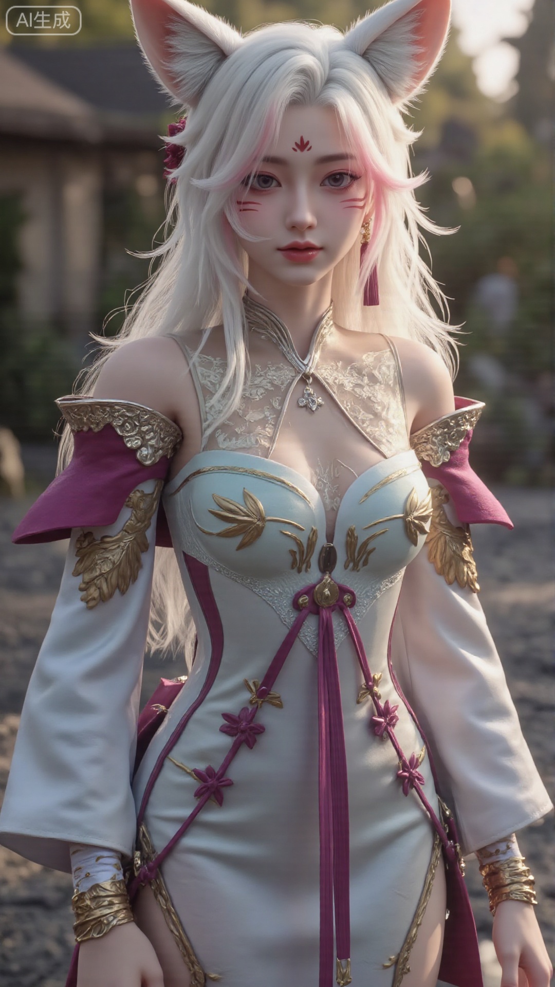 1girl, white hair, solo, animal_ears, long hair, perfect body, scenery, sharp focus, best quality, masterpiece, detailed outfit, illustration, perfect eyes, finely detailed beautiful anime eyes, realistic skin, intricate details, best lighting, depth of field, ultra high resolution, sitting