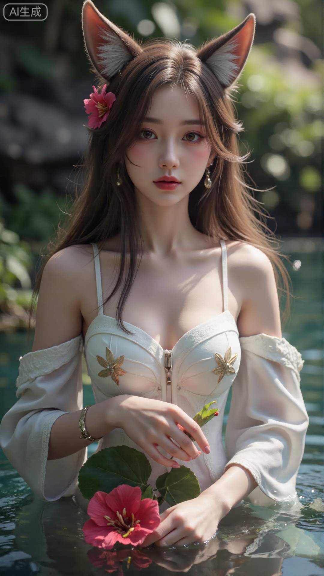 1girl, solo, long hair, breasts, looking at viewer, blush, open mouth, bangs, brown hair, hair ornament, dress, bare shoulders, brown eyes, medium breasts, collarbone, flower, parted lips, hair flower, water, white dress, sleeveless dress, leaf, plant, red flower, partially submerged, hibiscus
,backlighting,depth of field,cinematic lighting,light particles,lens flare, (artist:quasarcake:0.8),extreme aesthetic,(wlop:0.6),masterpiece,best quality,good quality,newest,very aesthetic,absurdres,Visual impact,A shot with tension, ultra-high resolution,32K UHD,sharp focus,best-quality,masterpiece,Emotionalization,unconventional supreme masterpiece,masterful details,temperate atmosphere,with a high-end texture,in the style of fashion photography, (alzi xiaomI:1.2),(mogumo:1.1),(good hands, nice hands:0.5),giving the poster a dynamic and visually striking appearance,impactful picture,offcial art,colorful,movie perspective, masterpiece,best quality,amazing quality,very aesthetic,absurdres,best quality,newest