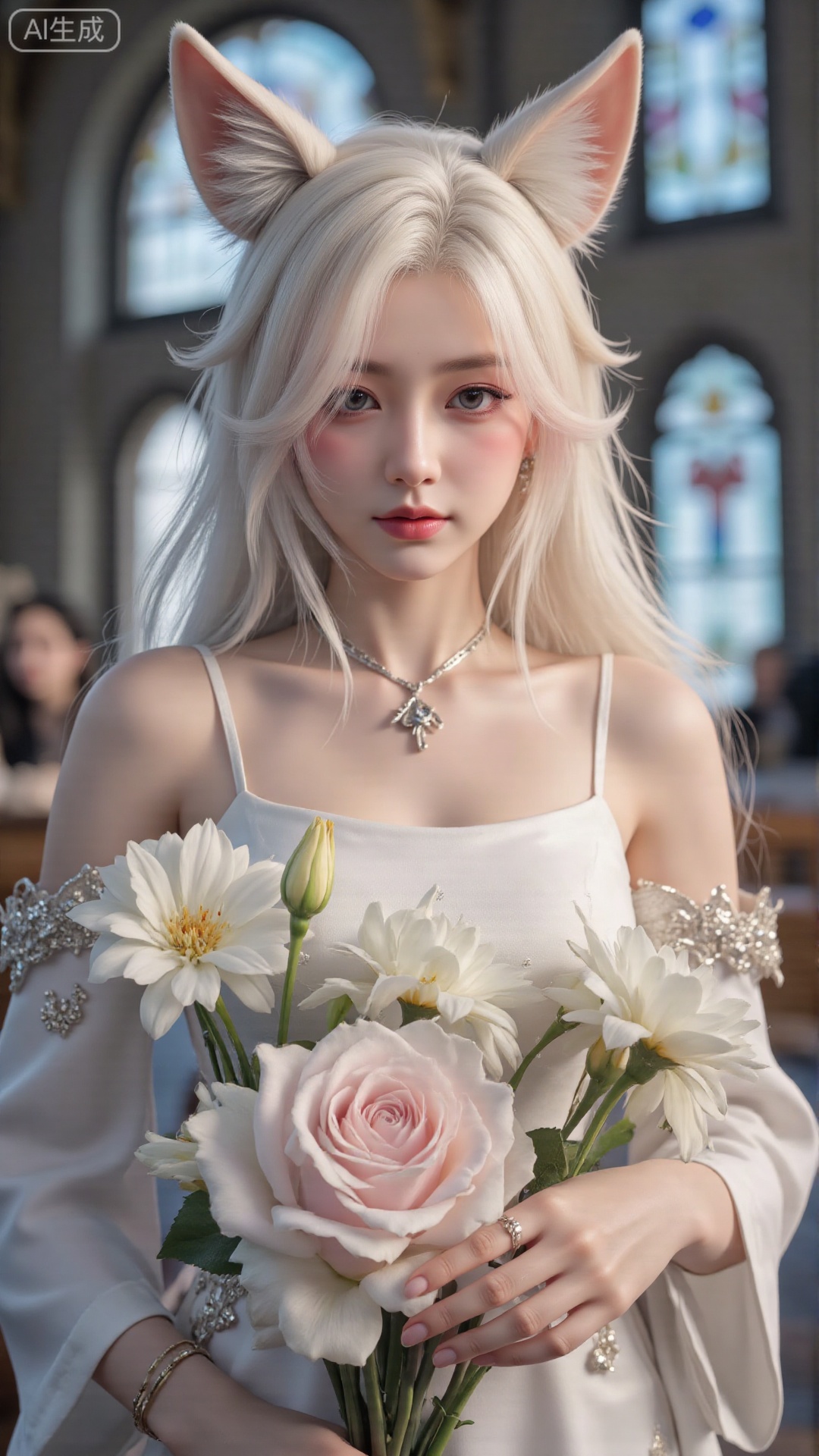 masterpiece,very aware,highres,absurdres,newest,best quality,high quality,chromatic_aberration,cinematic_angle,dutch angle,blurry_foreground,
1girl, flower, solo, hair ornament, dress, bouquet, stained glass, hair flower, holding bouquet, white dress, holding, looking at viewer, necklace, jewelry, church, white flower, virtual youtuber, lily (flower), earrings, closed mouth, bare shoulders, indoors, off-shoulder dress, aqua eyes, long hair, off shoulder, wedding dress, light smile, mole, blue eyes, upper body, collarbone, holding flower,
photorealistic
