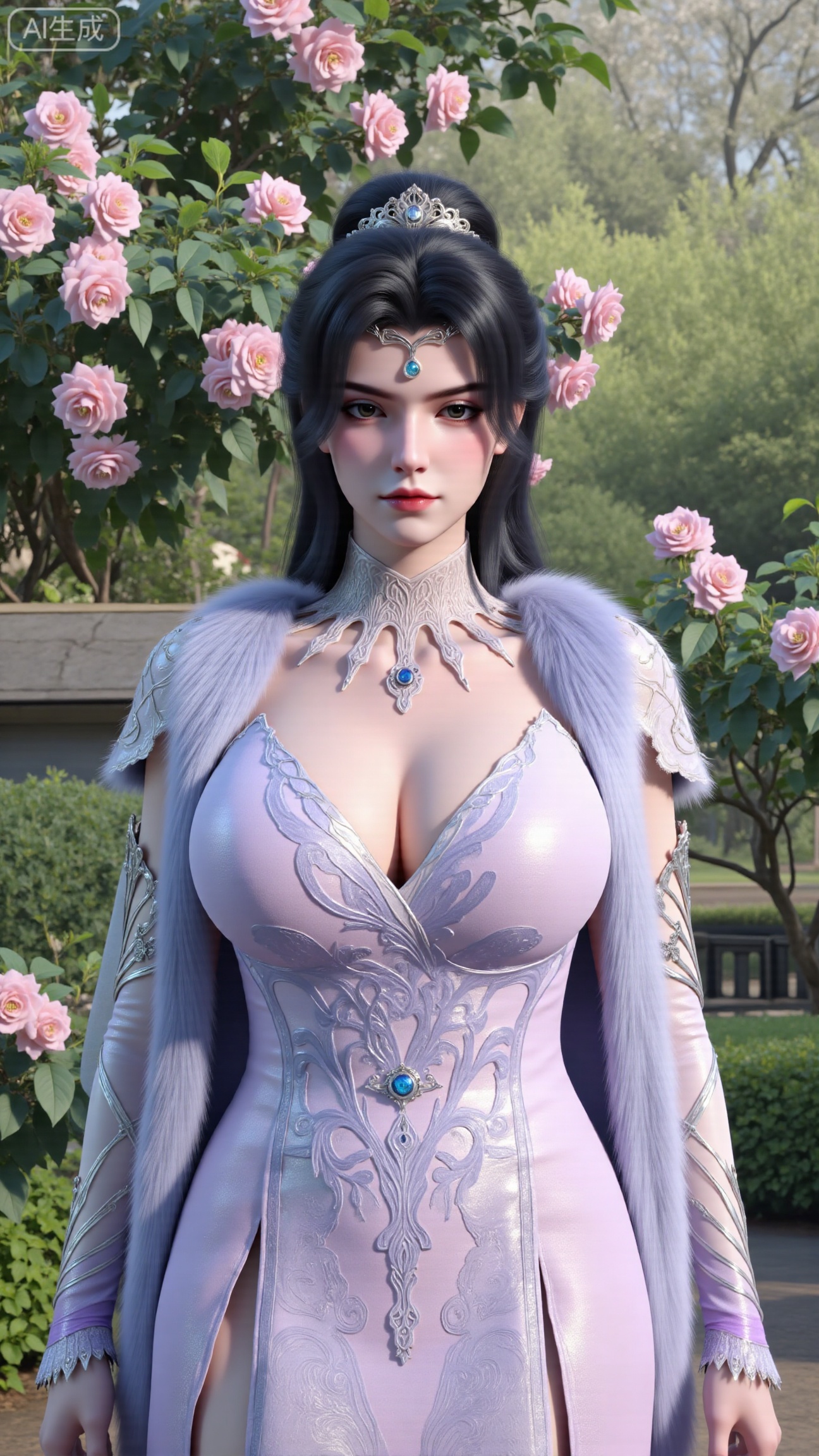 (masterpiece:1.2),best quality,,A woman adorned in traditional Chinese attire,(pink|white long dress,black long hair),featuring a flowing robe with intricate embroidery and floral accents. A garden filled with pink roses and lush greenery. Soft pastel hues of white,blue,and green,creating a serene atmosphere. Photorealistic photography.,(huge breasts:2.99),(full breasts:2.99),XbaifengsongyuYH,Xbigbreasts,Xyehuiling,XtangwutongXnb,Xyinyangjiaoshengnv,XmupeilingHongyi,XsiyouyouYH,XkejinnvdiHY,Xbaitianshi,XtangwutongXM,XnvgongjueNB