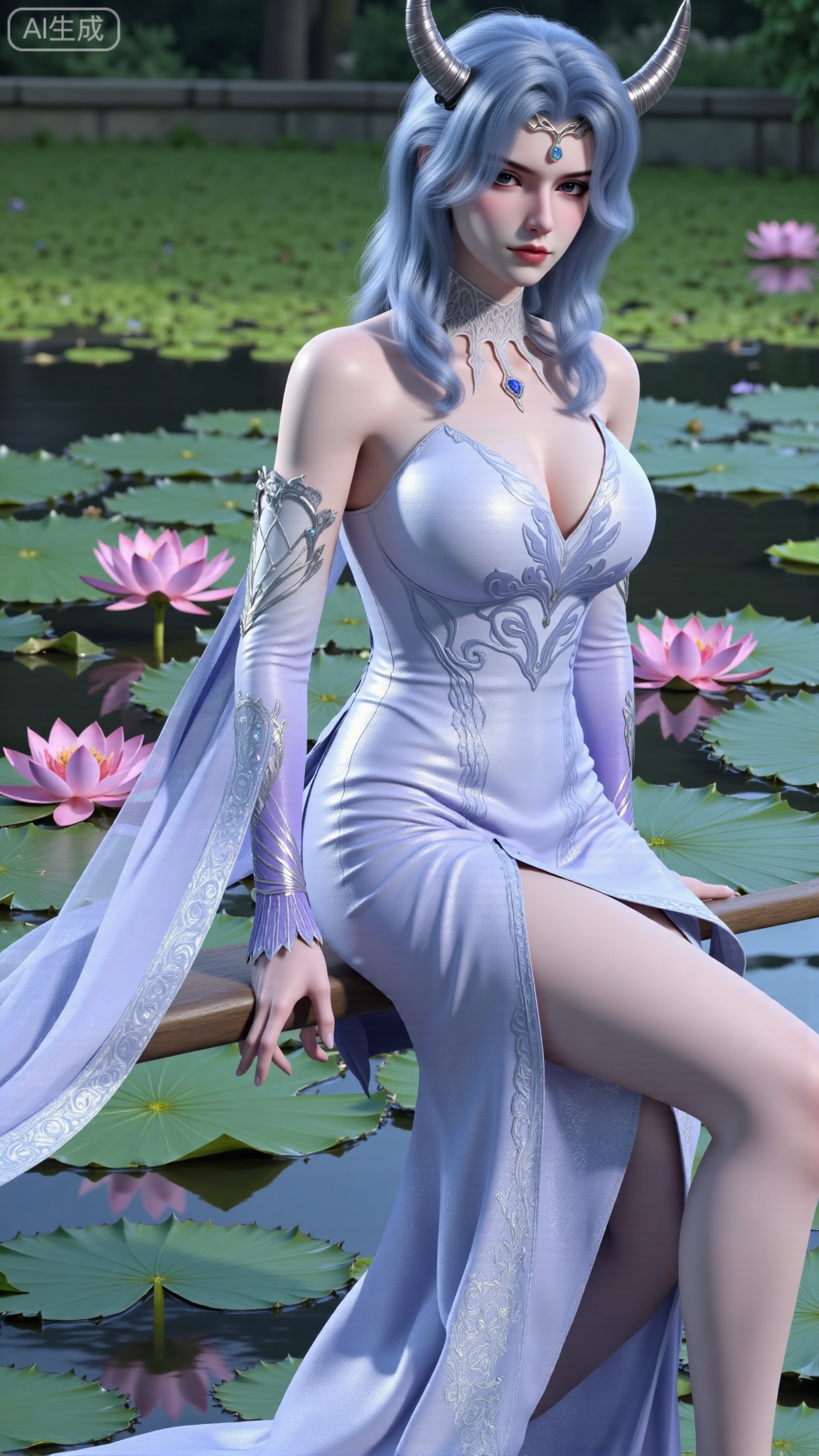 (masterpiece, best quality:1.2),1girl,long hair,flower,blue hair,lily pad,solo,dress,red eyes,sitting,breasts,horns,bare shoulders,lotus,blue dress,water,looking at viewer,medium breasts,pointy ears,detached sleeves,collarbone,cleavage,pink flower,monster girl,,(huge breasts:2.99),(full breasts:2.99),,XbaifengsongyuYH,Xbigbreasts,Xyehuiling,XtangwutongXnb,Xyinyangjiaoshengnv,XmupeilingHongyi,XsiyouyouYH,XkejinnvdiHY,Xbaitianshi,XtangwutongXM,XnvgongjueNB