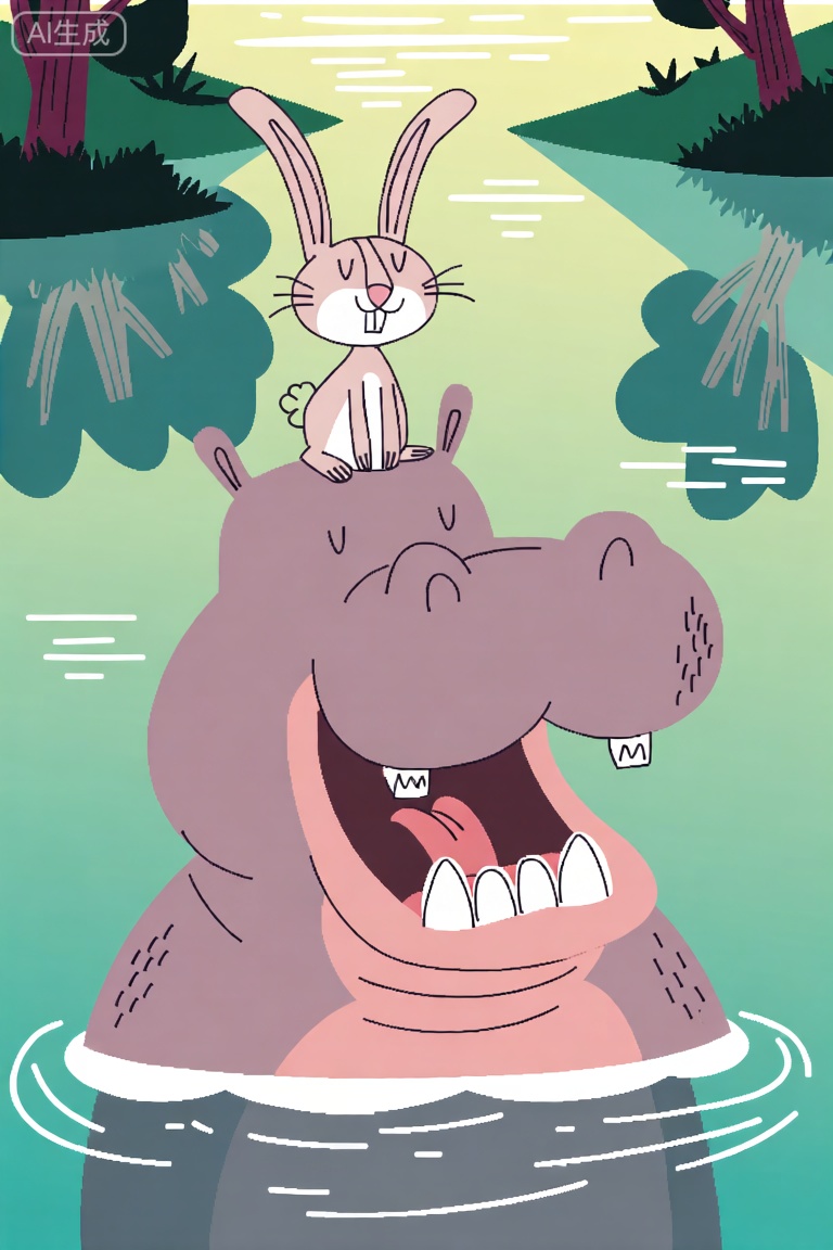 Cartoon illustration,,A rabbit stands proudly on top of a hippopotamus's head. The rabbit has long, floppy ears and a curious expression, while the hippopotamus has a wide-open mouth revealing its large teeth, and its skin is depicted with realistic wrinkles and textures. The river in the background flows gently with reflections of trees and soft sunlight filtering through the foliage, casting dappled shadows on the water. The composition is dynamic, with the rabbit and hippopotamus forming a unique and playful contrast against the serene natural setting.