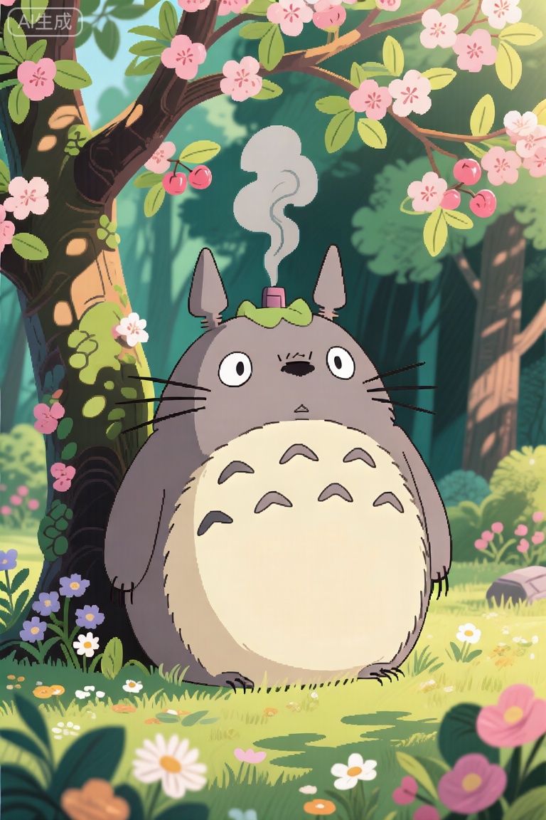 卡通插图,以动漫电影《龙猫》中可爱的森林精神龙猫为特色,创作一幅温馨而异想天开的卡通风格数字插图。龙猫舒适地坐在一棵盛开的樱桃树下,周围环绕着郁郁葱葱的绿叶和盛开的野花。阳光透过树叶,在柔软的草地上投下错综复杂的斑驳阴影。背景中,一座传统的日本茅草屋坐落在树林中,烟囱里缓缓升起缕缕烟雾。这个场景充满了宁静和魔力,强调了自然与神秘世界的和谐。