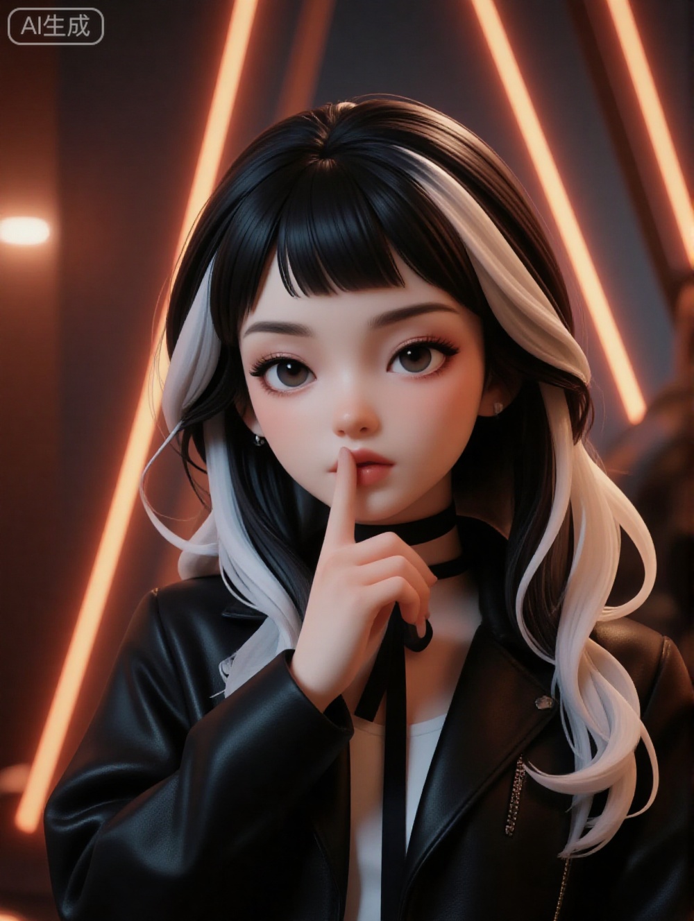 A highly detailed CGI image of a young woman with long, straight, two-toned hair (black and white) and fair skin. She wears a black leather jacket over a white shirt, with a black ribbon around her neck. She has a serious expression, touching her lips with her finger. Background features a glowing, neon-lit A sign.