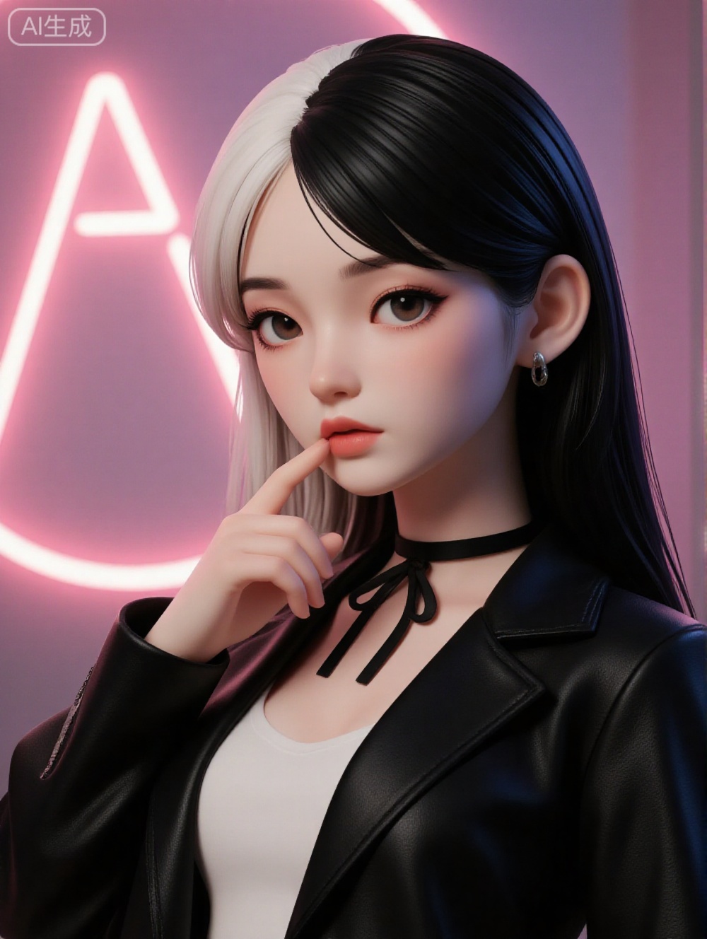 A highly detailed CGI image of a young woman with long, straight, two-toned hair (black and white) and fair skin. She wears a black leather jacket over a white shirt, with a black ribbon around her neck. She has a serious expression, touching her lips with her finger. Background features a glowing, neon-lit A sign.