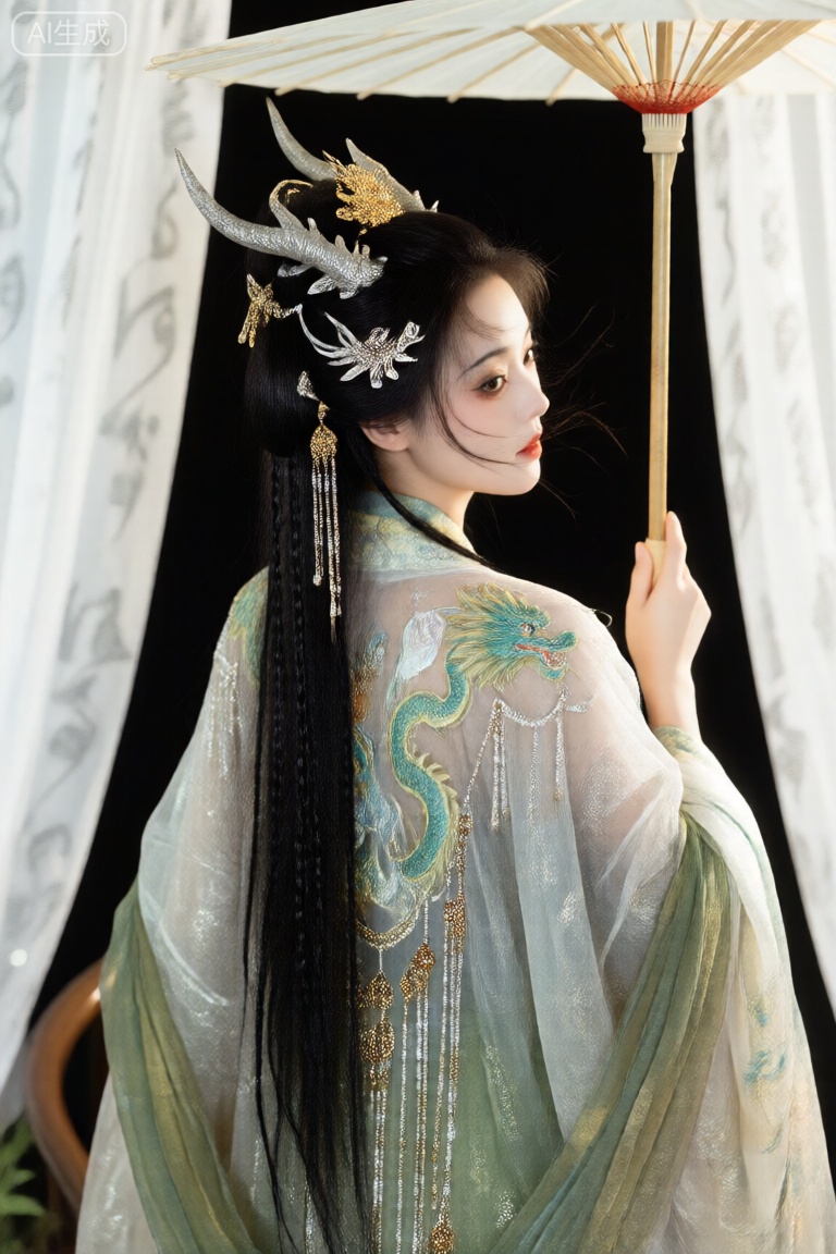 ,唐韵,华丽人物,高角度构图,高位视平线,动感构图,时间凝固瞬间,头发绸缎一般光泽,,有明显的龙角,复古装饰,银饰,金银珠钗,金属额饰,碎发随风摆动,复古发饰,超长流苏,很多细碎辫子,手拿雨伞,青龙环绕。唯美朦胧美,大眼睛眼影渐变,人物背面特写,微仰角,对称构图浅景深,活力元气主题,光斑点缀,暗面提花云锦帷幔+两边留白衣服材质：刺绣云肩+亮片纱+提花京绣+欧根纱+飘带+花边+披风繁复垂坠褶皱+华丽丰富饰品+传统衣服暗纹。