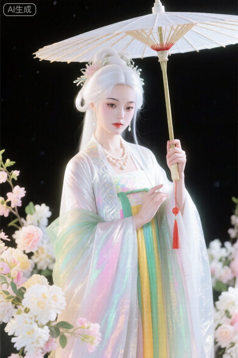 ,唐韵,华丽人物。文静优雅,发丝发光,泛光,朦胧,肌理感。风。 繁复垂坠,绘制竖版超古风主义,从独特动态角度展现春日幻想中古典神话的神秘仪式场景,画面以银色、粉色,炫彩,浅绿,暖黄,奶白色为主色调,点缀着极度精致繁华的花卉。画面中有一位冰肌玉骨、举止轻盈的古风少女,具有白玉般的皮肤,清傲、高洁、庄重,身着七彩温柔服饰,佩戴珍珠配饰,手持一把伞,处于画面中心,色彩饱满,明暗对比鲜明,抽象写意风格,明显笔触感营造出朦胧氛围,深色背景镭射体现过去、现在、未来的哲理关系。色彩通过叠涂和弥散渐变达到饱和,立体光效带来神秘氛围,8K超高分辨率展现极致细节。