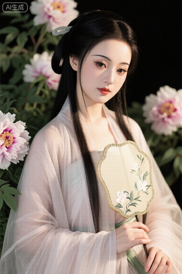 ,唐韵,古风美女肖像,精致细腻,细节丰富,薄纱质,光线细腻,质感很好,丹凤眼,长睫毛,手拿宫扇,笔触细腻,细节勾画,长发飘飘,在牡丹花从中,人与背景的明暗对比,突出人物,色彩搭配