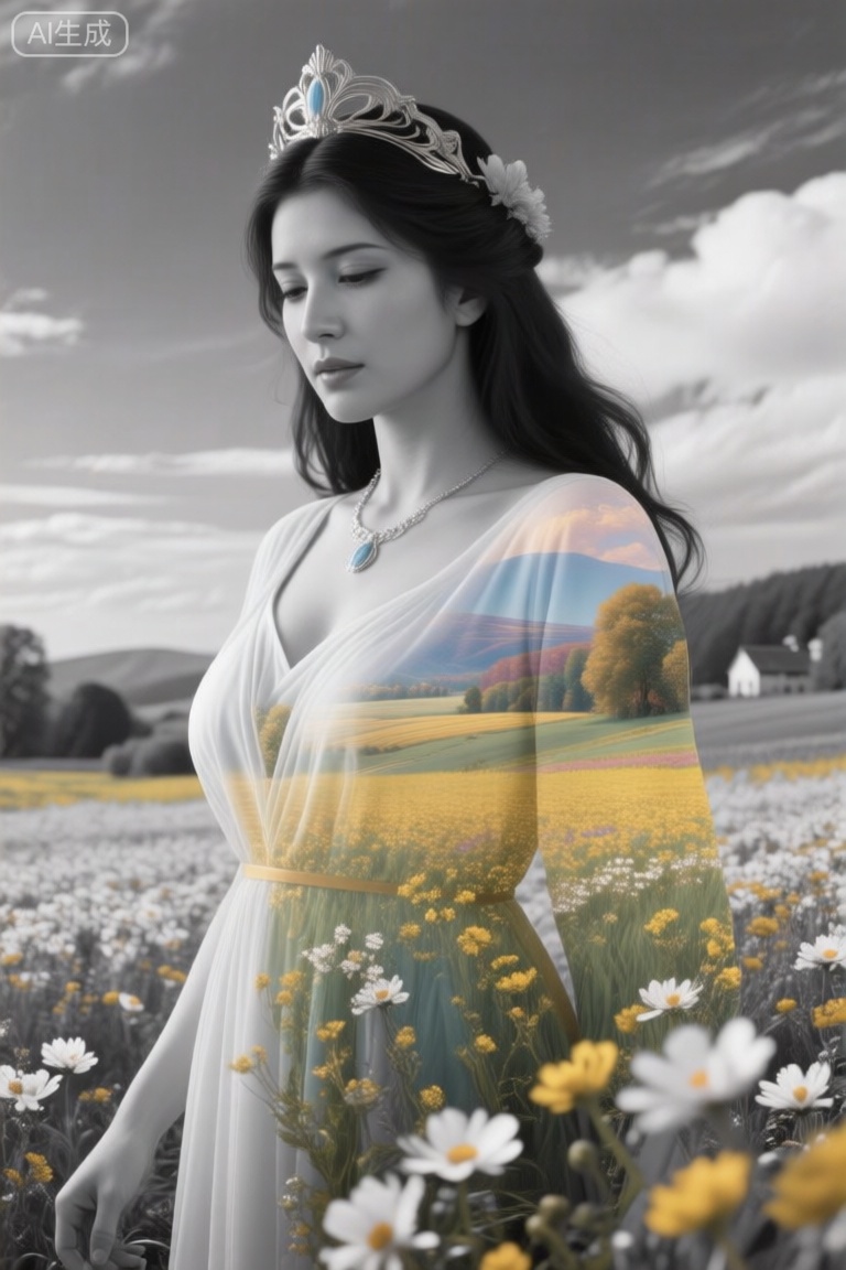 aidmafluxpro1.1. Midjourney, Midjourney style, realism, cinematic quality, Double exposure illustration of a goddess silhouette integrated with a spring field, goddess details blended into the backdrop, monochrome background in sharp focus, full color, crisp lines inspired by Jean Baptiste Monge, Thomas Kinkade, David Palumbo, Carne Griffiths, CG graphics, high quality, 8K Ultra HD, vivid colors, cinematic

