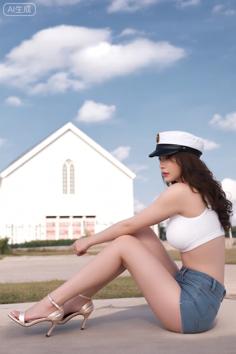 full body,blue sky with clouds,no humans,poster,wavy_hair,denim shorts,high heeled sandals,areola_slip,cabbie_hat,church,casual wear,lens 135mm,f1.8,sitting on the ground,
