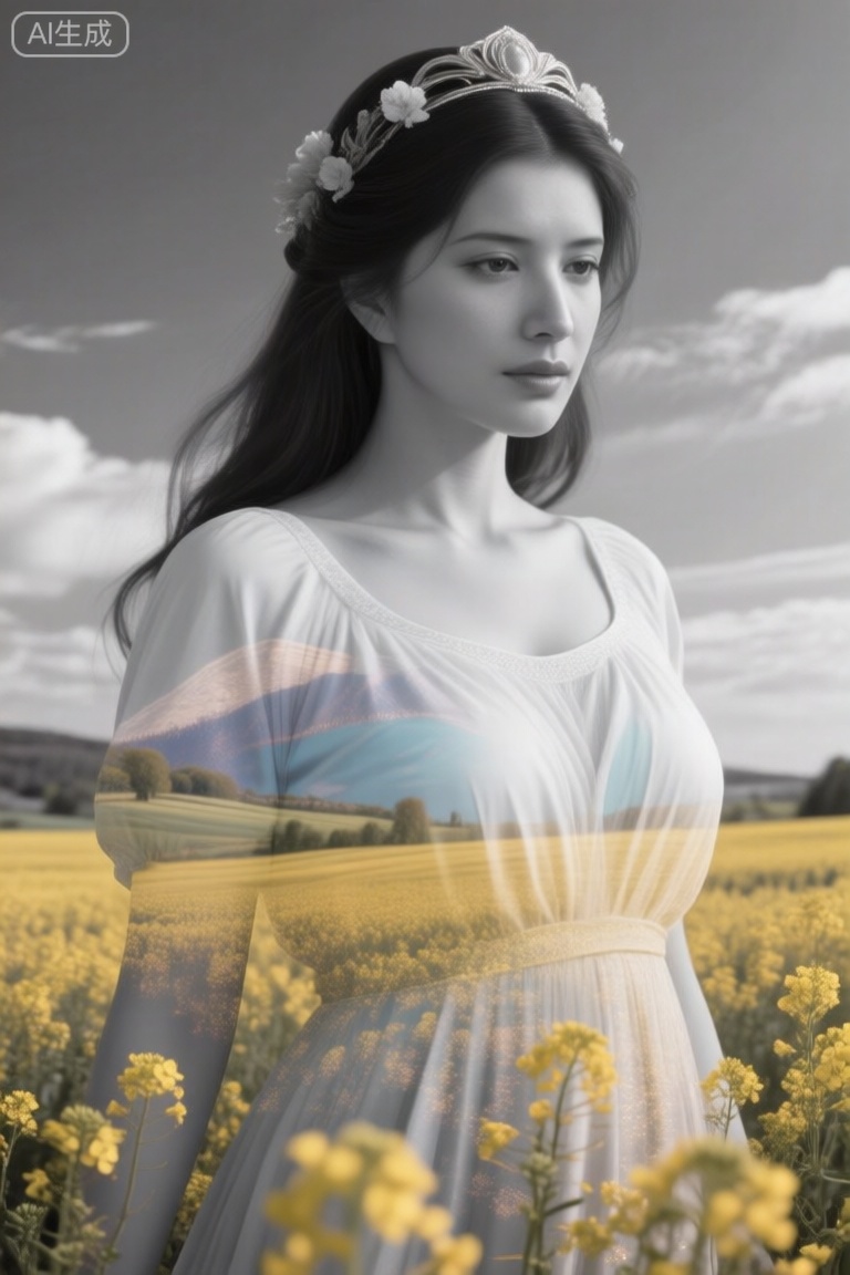 aidmafluxpro1.1. Midjourney, Midjourney style, realism, cinematic quality, Double exposure illustration of a goddess silhouette integrated with a spring field, goddess details blended into the backdrop, monochrome background in sharp focus, full color, crisp lines inspired by Jean Baptiste Monge, Thomas Kinkade, David Palumbo, Carne Griffiths, CG graphics, high quality, 8K Ultra HD, vivid colors, cinematic


