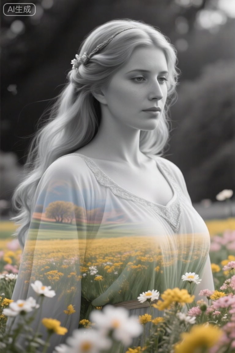 aidmafluxpro1.1. Midjourney, Midjourney style, realism, cinematic quality, Double exposure illustration of a goddess silhouette integrated with a spring field, goddess details blended into the backdrop, monochrome background in sharp focus, full color, crisp lines inspired by Jean Baptiste Monge, Thomas Kinkade, David Palumbo, Carne Griffiths, CG graphics, high quality, 8K Ultra HD, vivid colors, cinematic

