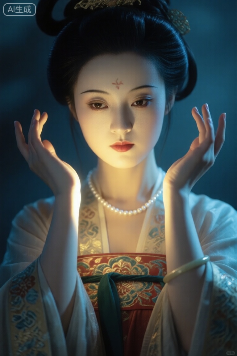 ,唐韵,风格为中式怪诞风格。质感逼真,整体兼具艺术感,大透视,杰作,最佳品质,8K分辨率,超精细插画,光影细腻,色彩层次丰富,材质表现细腻一个五官精致的古装美女,皮肤珠光,双手举着,暖光与周围冷色调形成强烈对比,照亮手部与部分颈部