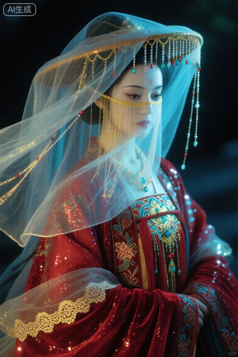 ,唐韵,头戴纱层层叠叠的帷帽,睑带面纱,脸被遮挡帷帽和面纱上带有珠子流苏+宝石流苏, 女子气质清冷,高傲,神性,禅意十足朦胧氛围感图片色彩鲜艳,梦幻, 女子服装随机材质薄纱随风飘扬油画意境,大师级别的审美, 64K高清,远景。光下闪闪发光。特写,暗夜微光,霓虹色彩,层次感,雕刻线条,金色发光线条勾勒,深度和梦幻效果,明显的磨砂颗粒质感,厚重的大色块笔触,颜色鲜明,明暗对比,晕染,弥散渐变,高级感,极其精细,优雅,生动的色彩,浪漫主义,大红,空灵,晨寂,领悟,淡雅简约,故事感衣服材质：亮片纱+丝绒提花+纱+花边+流苏+刺绣+印花繁复垂坠褶皱+华丽丰富饰品+传统衣服暗纹。 光荧斑驳,唯美插画,超级细节,超级繁复意境,远景