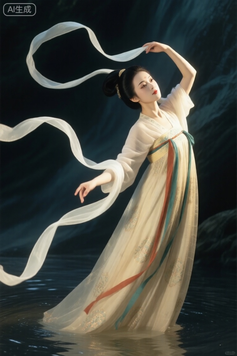 ,唐韵,人物写实风格,女子温润如水,丝带,暖白,独特神态,动作有张力。特大幻想,深色,意境深远,高清画质。构图精巧,笔触细腻,