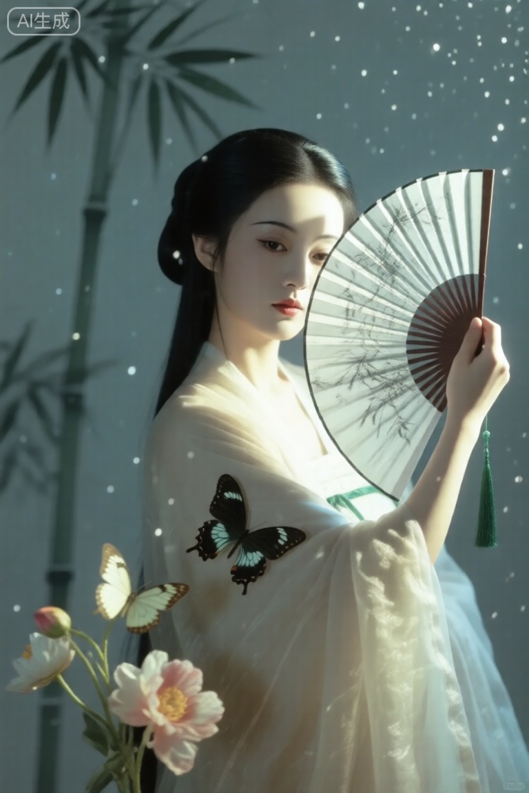 ,唐韵.渲染,晕染,浸润美学,美人,水墨丹青,极简,摄影作品,禅意,东方美学,背景禅意轮廓,丹青,竹晕高度细致、描绘女性的脸部,她穿着一件飘逸的面料,拿扇遮挡住一半脸增加了一种神秘的、戏剧性的效果,柳如是,摄影作品秦淮女,电影海报
背景中点缀着闪烁的细小粒子,与女性面部的光芒相呼应,增添了一种梦幻般的氛围。画面中还融入了花朵和蝴蝶元素,花朵以柔和的色彩和细腻的纹理呈现,蝴蝶则在光影中轻轻飞舞,为画面增添了几分灵动与生机。光影层次丰富,通过肌理反光和折射光影的效果,营造出一种光影弥散的感觉,增强了画面的深度和立体感。

整体画面呈现出电影质感,充满梦幻光影和抽象表达,创造出一种超现实主义美学。画面中的艺术氛围浓厚,通过光线和色彩的巧妙运用,传达出强烈的情绪表达和叙事感。整幅作品充满了高级的氛围感和层次感,给人一种独特的视觉享受。