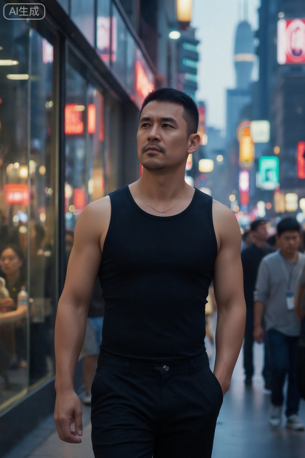 nsjs,In the twilight in the center of Shanghai, neon lights are on, and a short-haired man walks alone on the west side of Nanjing. The black tight I-shaped vest is wrapped in a textured figure with a micro-body fat, with neat shoulder lines, and the chest sways lightly with the pace, and sweat slides along the collarbone into the collarbone.
He looked at the merchant's glass cabinet, his jawline tight, and his broken hair was lifted up by the evening breeze to cover his eyes. Put your left hand in your pocket, and squeeze half a bottle of mineral water with your right hand, and your knuckles turn white. The crowds were rushing, and the glass curtain wall reflected his lonely figure, like the ink dots left by the city, stepping on the lights and walking towards the night, with a calm and confident expression, revealing a sense of maturity and fashion.
