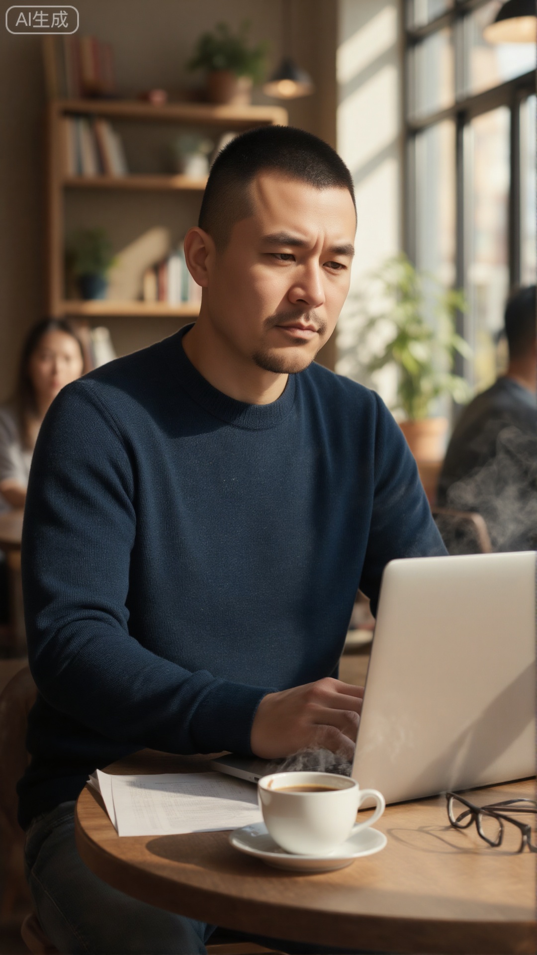 nsjs,A man with a crew cut, wearing a dark blue sweater, is sitting in a sunlit cafe and focusing on using a silver laptop. Beside him, a white coffee cup (with a saucer, still steaming), a pair of glasses, and several sheets of paper are placed at will; in the background, a wooden bookshelf with books and green plants stands quietly, and other customers are active in the distance. Warm light falls on the table through the large window, and the whole scene is brimming with a focused and cozy life atmosphere.