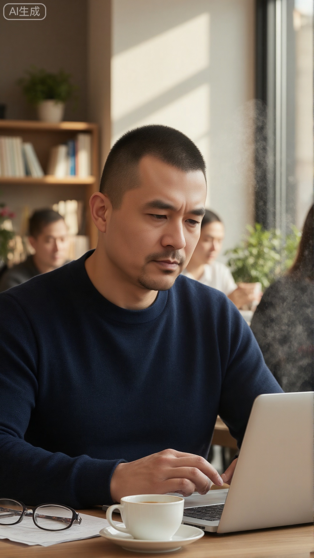 nsjs,A man with a crew cut, wearing a dark blue sweater, is sitting in a sunlit cafe and focusing on using a silver laptop. Beside him, a white coffee cup (with a saucer, still steaming), a pair of glasses, and several sheets of paper are placed at will; in the background, a wooden bookshelf with books and green plants stands quietly, and other customers are active in the distance. Warm light falls on the table through the large window, and the whole scene is brimming with a focused and cozy life atmosphere.