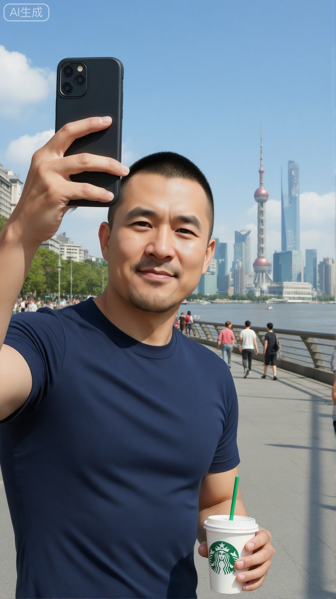 nsjs, a man with a neat buzz cut and wearing a dark blue short-sleeved T-shirt that fits the body. He is taking a selfie with his right hand holding a black smartphone and a Starbucks paper cup with a green straw in his left hand. He smiled gently. He was on the Bund of Shanghai, with a cityscape in clear weather in the background: the water surface of the Huangpu River is sparkling, and skyscrapers such as the Oriental Pearl Tower and the Shanghai Central Building on the other side are lined up one after another. Pedestrians are leisurely on the riverside trail. A few white clouds are floating in the clear blue sky. The bright sunlight is shining, and the overall atmosphere is full of vitality and urban atmosphere.