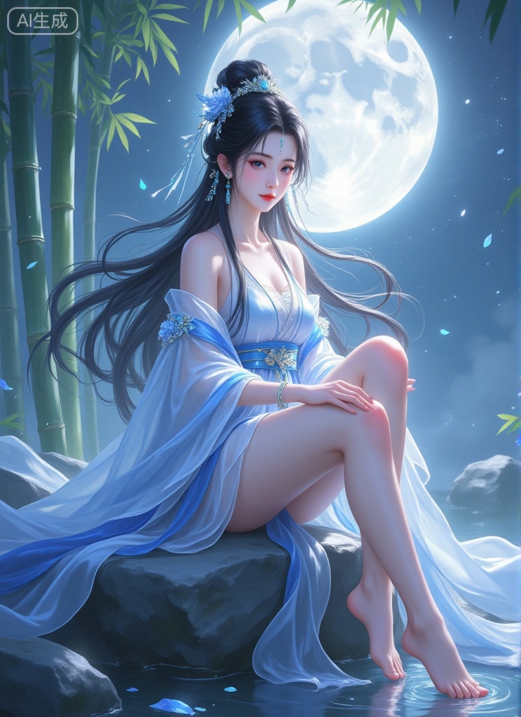 A serene night scene featuring Yan Fei, barefoot and sitting on a stone, her flowing long hair cascading gently. She wears classical Hanfu, her face showing a gentle and elegant expression. The background is bathed in faint moonlight, with elements of a bamboo forest surrounding her, creating a tranquil atmosphere under the bright moon of the Qin Dynasty.