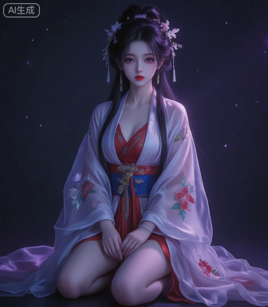 1girl, solo, looking at viewer, black hair, hair ornament, flower,parted lips, japanese clothes, hair flower, kimono,red lips,  realistic,embroidered kimono,kneeling,night,purple light