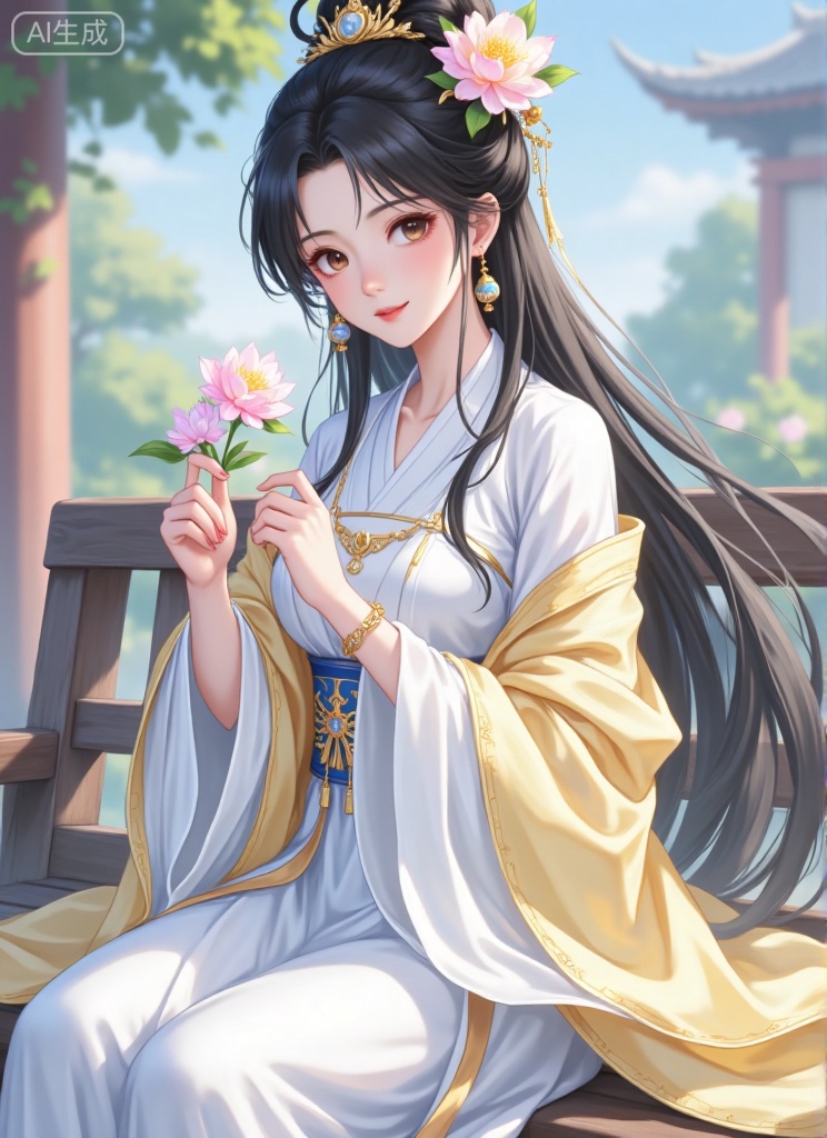 1girl, solo, long hair, looking at viewer, black hair, hair ornament, long sleeves, dress, holding, brown eyes, jewelry, sitting, flower, earrings, outdoors, hair flower, wide sleeves, white dress, blurry, chinese clothes, shawl, bench, orb, hanfu