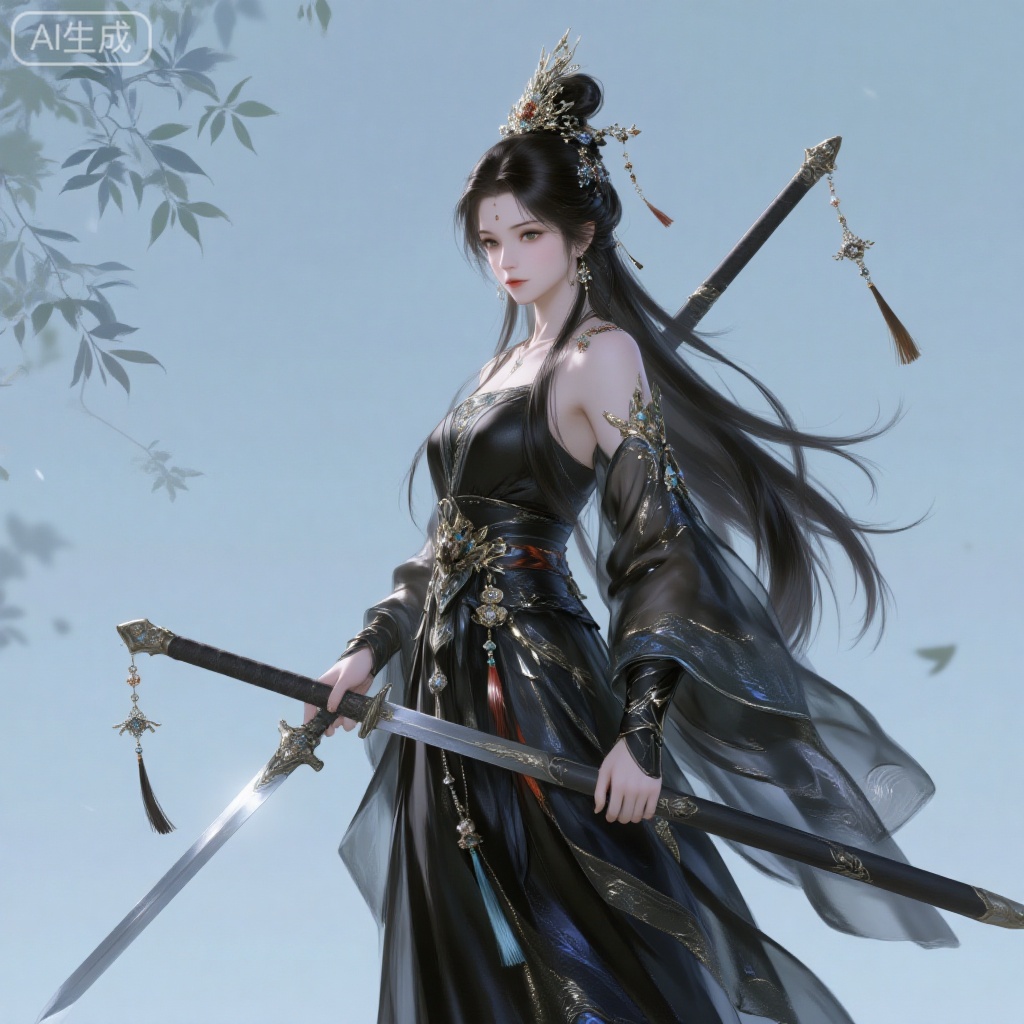 a 3D rendering of a Asian woman in a black dress, adorned with a crown on her head, is holding a sword in her right hand. The woman's hair is long and cascades over her right shoulder, adding a touch of beauty to the scene. The backdrop is a light blue, with a pattern of leaves on the left side of the image.