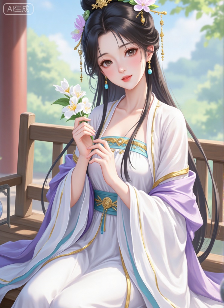 1girl, solo, long hair, looking at viewer, black hair, hair ornament, long sleeves, dress, holding, brown eyes, jewelry, sitting, flower, earrings, outdoors, hair flower, wide sleeves, white dress, blurry, chinese clothes, shawl, bench, orb, hanfu