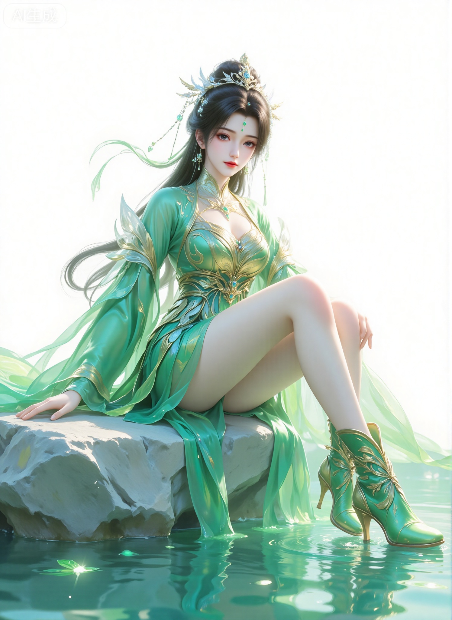 The beautiful figure in the green clothes reflects the flowing light
 
The pure white background spreads like rice paper, fading away all the excess colors, and only kneading the fine light into a hazy mist, leaving the picture with a bit of clear ethereal inspiration. The water surface below, which seemed to be present and vague, dimming the outline of the light and shadow and the rock into a faint phantom, adding a touch of flowing tenderness to this pure white, but also making the figure in the center more vivid.
 
The green color is the absolute focus - the girl dressed in ancient style leans on the light gray rock, and the steady texture of the rock just makes her look lively. The green ancient costume on her body is elegantly cut, with fine dark patterns embroidered on the neckline and cuffs. The fabric droops like spring water, and it naturally stretches along the posture of sitting upright with her legs raised. The edge of the skirt is lightly placed on the rock, with soft wrinkles appearing.
 
Her hair was tied up with a few strands of black hair hanging on her neck. The silver hairpin between her hair was decorated with small beads. It swayed slightly with her breathing, and it contrasted with the jade hairpin on her temples, adding a bit of classical exquisiteness. The brightest thing is the eyes, like sapphires soaked in the clear spring, with a bit of lazy smile in the clearness, forming a wonderful echo with the green clothes.
 
What makes her look even more unique is the shoes on her feet. The green high-heeled boots are embroidered with gilded patterns, and the golden thread winds along the boot barrel, shining with fine light against the pure white background. She crossed her legs, raised her heels lightly, revealing the delicate golden patterns on the side of the boots, and her fair ankles complemented the green boot surface and gilded patterns, which were both classical and elegant, and also had a bit of cute and agile. In the phantom of the water, her clothes, hairpin and golden boots were intertwined, but she could not cover the vivid green green - in this pure world, she was the most eye-catching scenery.