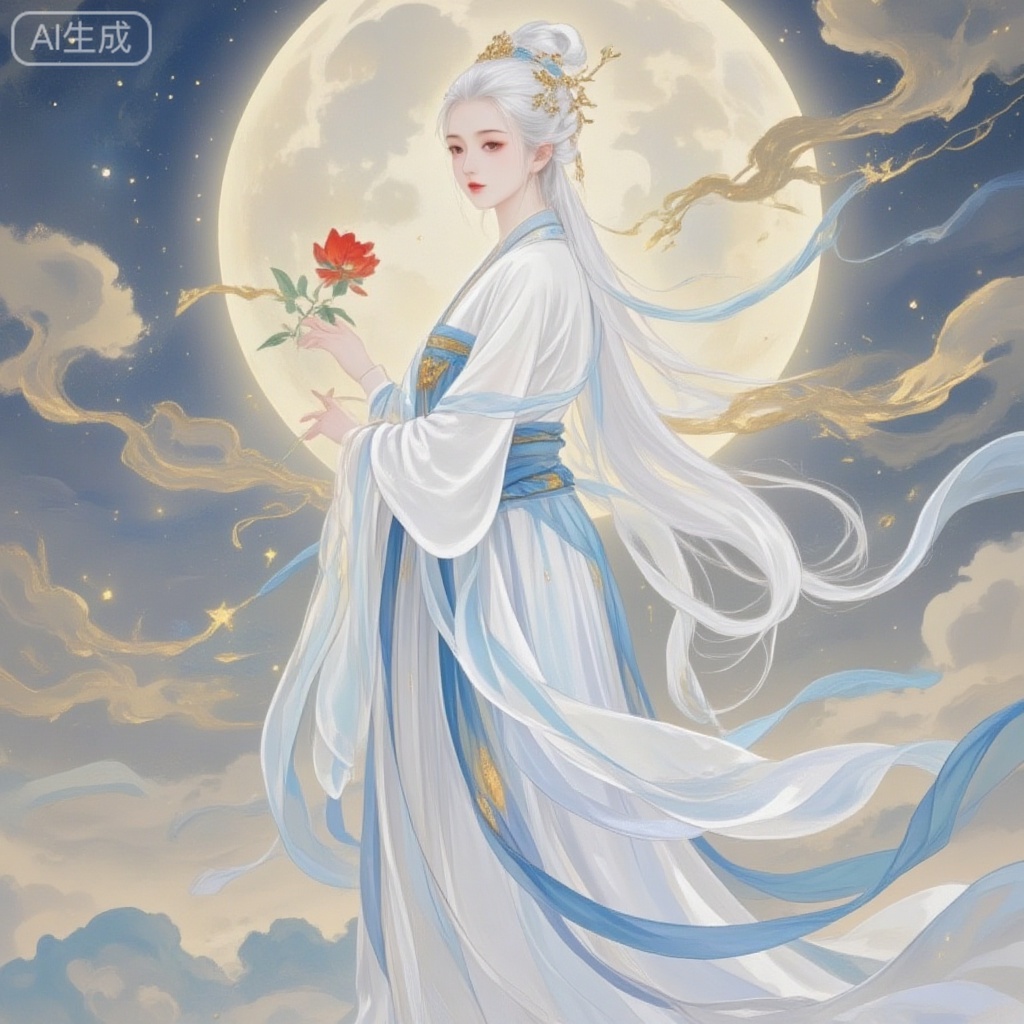 1girl, solo, long hair, hair ornament, long sleeves, dress, holding, very long hair, standing, flower, white hair, sky, cloud, hair bun, night, chinese clothes, moon, red flower, star \(sky\), full moon, holding flower, hanfu,eastern dragon,shinv