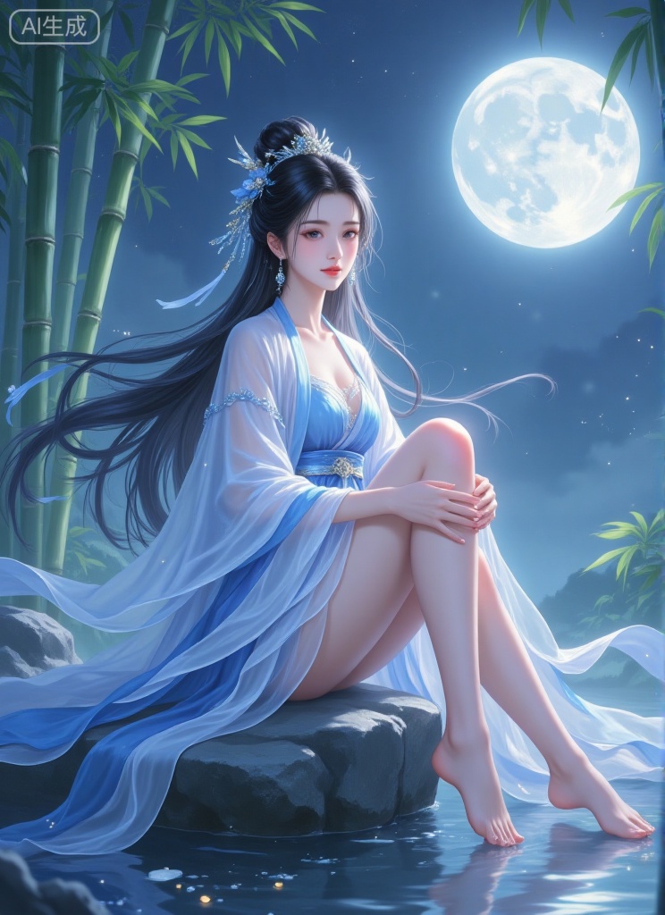 A serene night scene featuring Yan Fei, barefoot and sitting on a stone, her flowing long hair cascading gently. She wears classical Hanfu, her face showing a gentle and elegant expression. The background is bathed in faint moonlight, with elements of a bamboo forest surrounding her, creating a tranquil atmosphere under the bright moon of the Qin Dynasty.