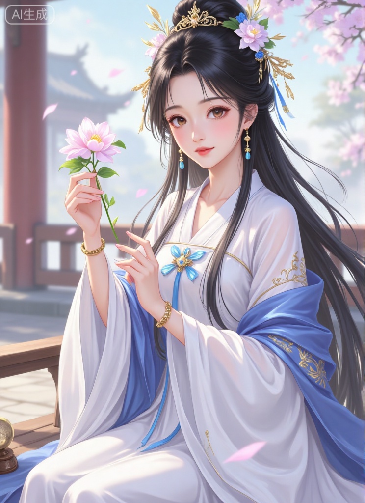 1girl, solo, long hair, looking at viewer, black hair, hair ornament, long sleeves, dress, holding, brown eyes, jewelry, sitting, flower, earrings, outdoors, hair flower, wide sleeves, white dress, blurry, chinese clothes, shawl, bench, orb, hanfu