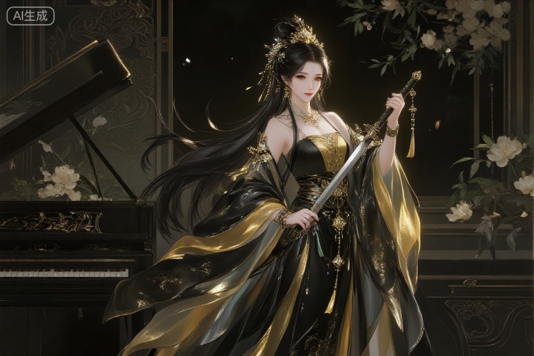 a medium-sized Asian woman, dressed in a black and gold dress, adorned with a crown on her head. She is holding a sword in her right hand, her left hand resting on her hip. The woman's hair is long and cascades down her left shoulder, adding a touch of beauty to her outfit. The backdrop is a dark, ornate wall adorned with flowers and leaves. To the left of the woman, a black piano is visible