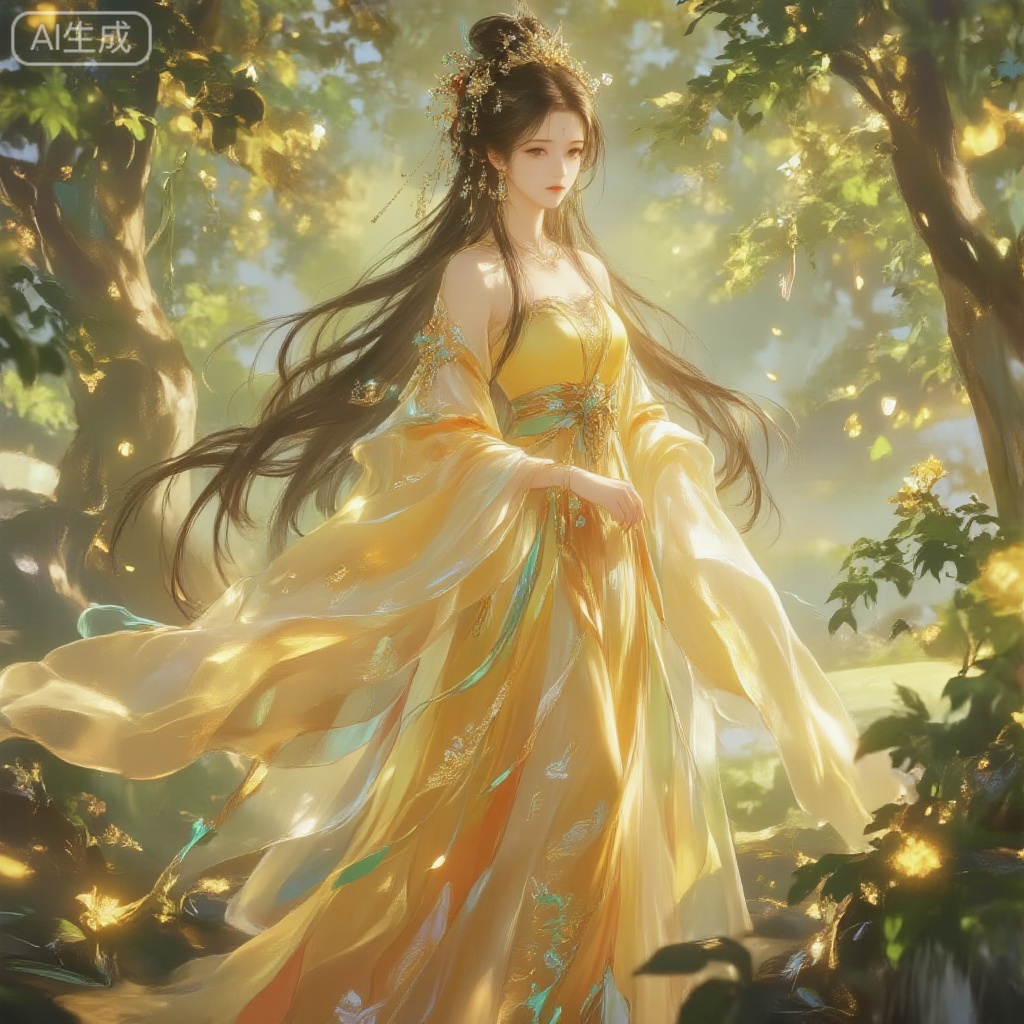 Garage Kit,Fairy Maiden,Fairy Maiden,sf,A woman in a gorgeous dress. She is standing in a sunny forest,surrounded by lush trees and golden flowers scattered on the ground. Her long hair is draped over her shoulders and she wears an exquisite headdress decorated with small flowers and beads.,
She is wearing a very beautiful yellow long dress with exquisite embroidery and floral patterns on it,which makes her look very noble and elegant. The dress is beautifully designed,fits the body shape,and shows the beautiful curves. The whole picture is full of a dreamy atmosphere,as if you are in a fairy tale world,