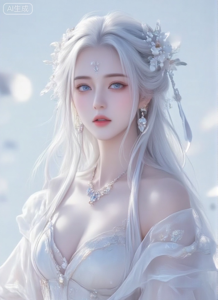 1girl, solo, long hair, breasts, blue eyes, hair ornament, dress, cleavage, bare shoulders, jewelry, medium breasts, flower, white hair, earrings, hair flower, wide sleeves, necklace, off shoulder, lips, facial mark, crescent, forehead mark
