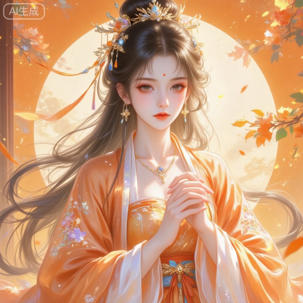 1girl,solo,long hair,looking at viewer,orange theme,hanfu,