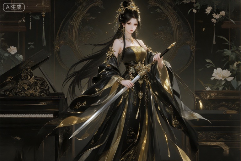 a medium-sized Asian woman, dressed in a black and gold dress, adorned with a crown on her head. She is holding a sword in her right hand, her left hand resting on her hip. The woman's hair is long and cascades down her left shoulder, adding a touch of beauty to her outfit. The backdrop is a dark, ornate wall adorned with flowers and leaves. To the left of the woman, a black piano is visible