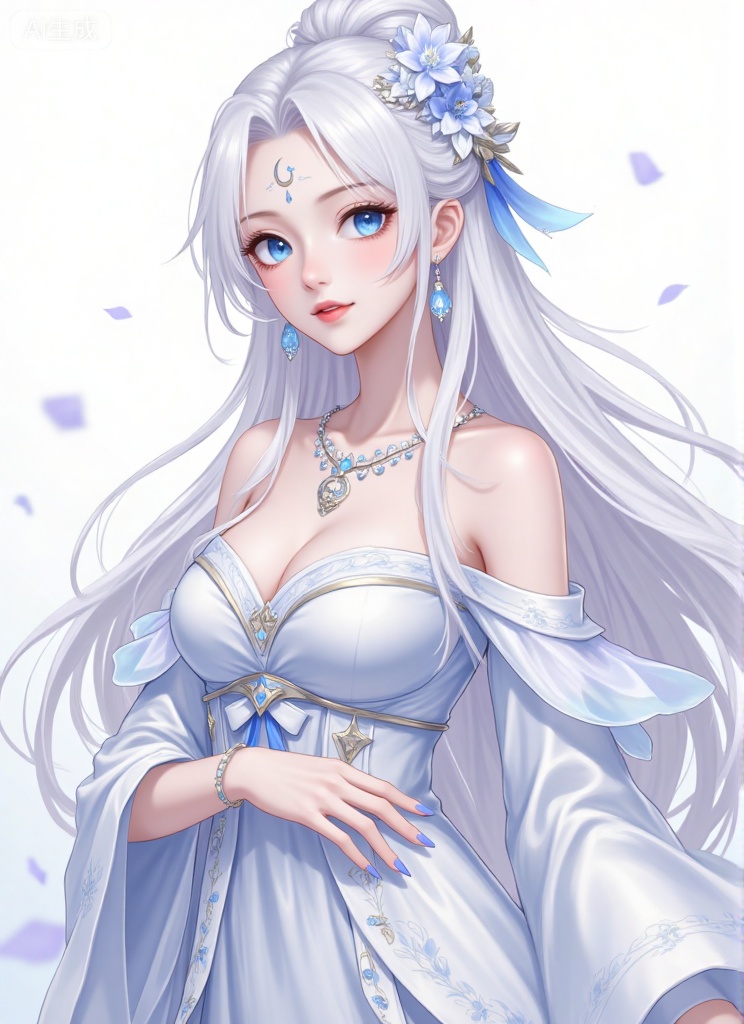 1girl, solo, long hair, breasts, blue eyes, hair ornament, dress, cleavage, bare shoulders, jewelry, medium breasts, flower, white hair, earrings, hair flower, wide sleeves, necklace, off shoulder, lips, facial mark, crescent, forehead mark